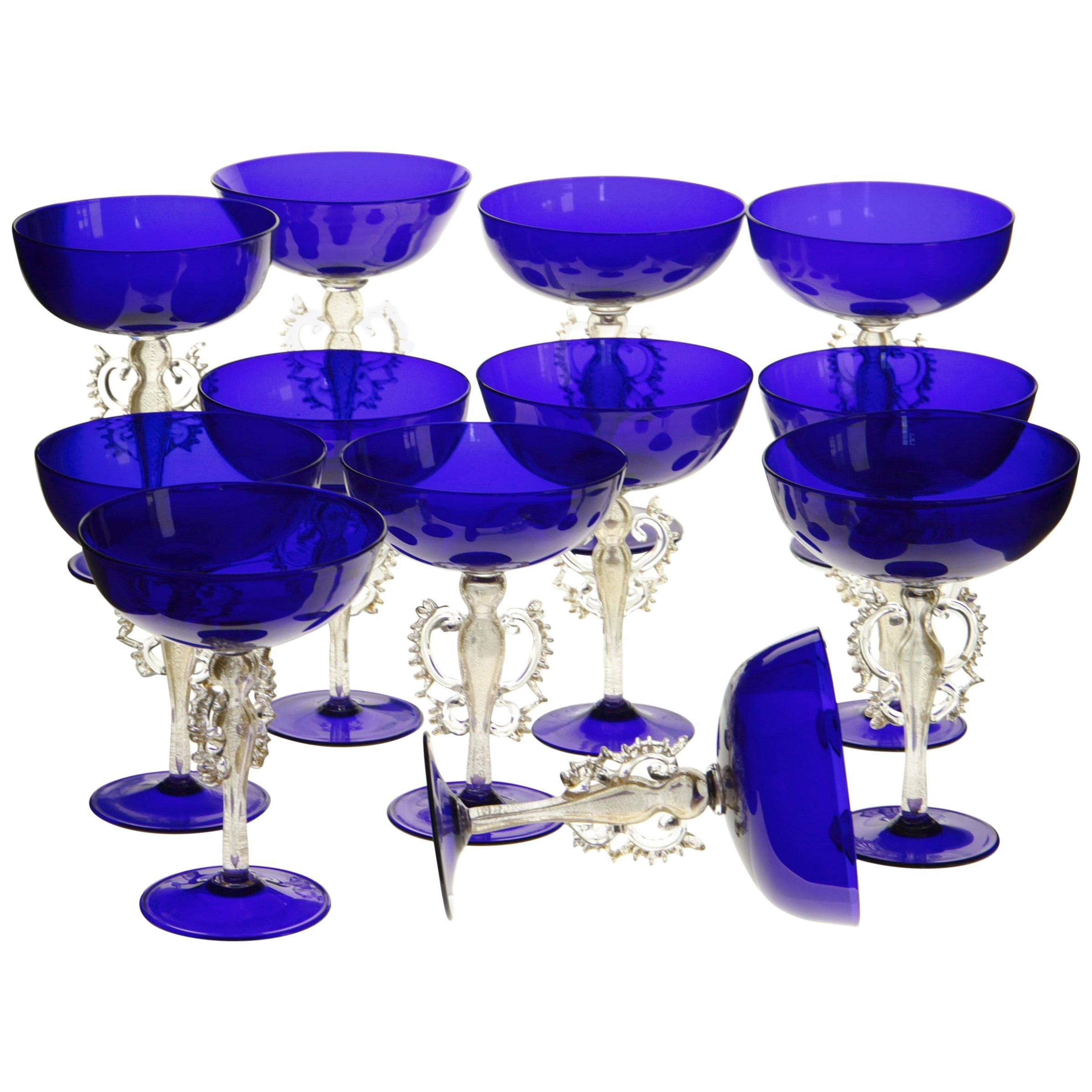 Rare Set, 12 Cenedese Champagne Goblets, Murano Cobalt Glass Gold Accent, Signed