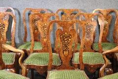 Rare Set 12 Inlaid Burled Walnut Georgian Dining Chairs with Marquetry C1900