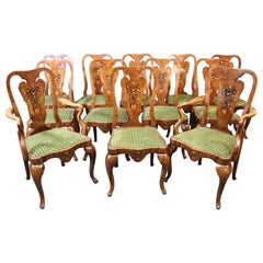 Rare Set 12 Inlaid Burled Walnut Georgian Dining Chairs with Marquetry C1900