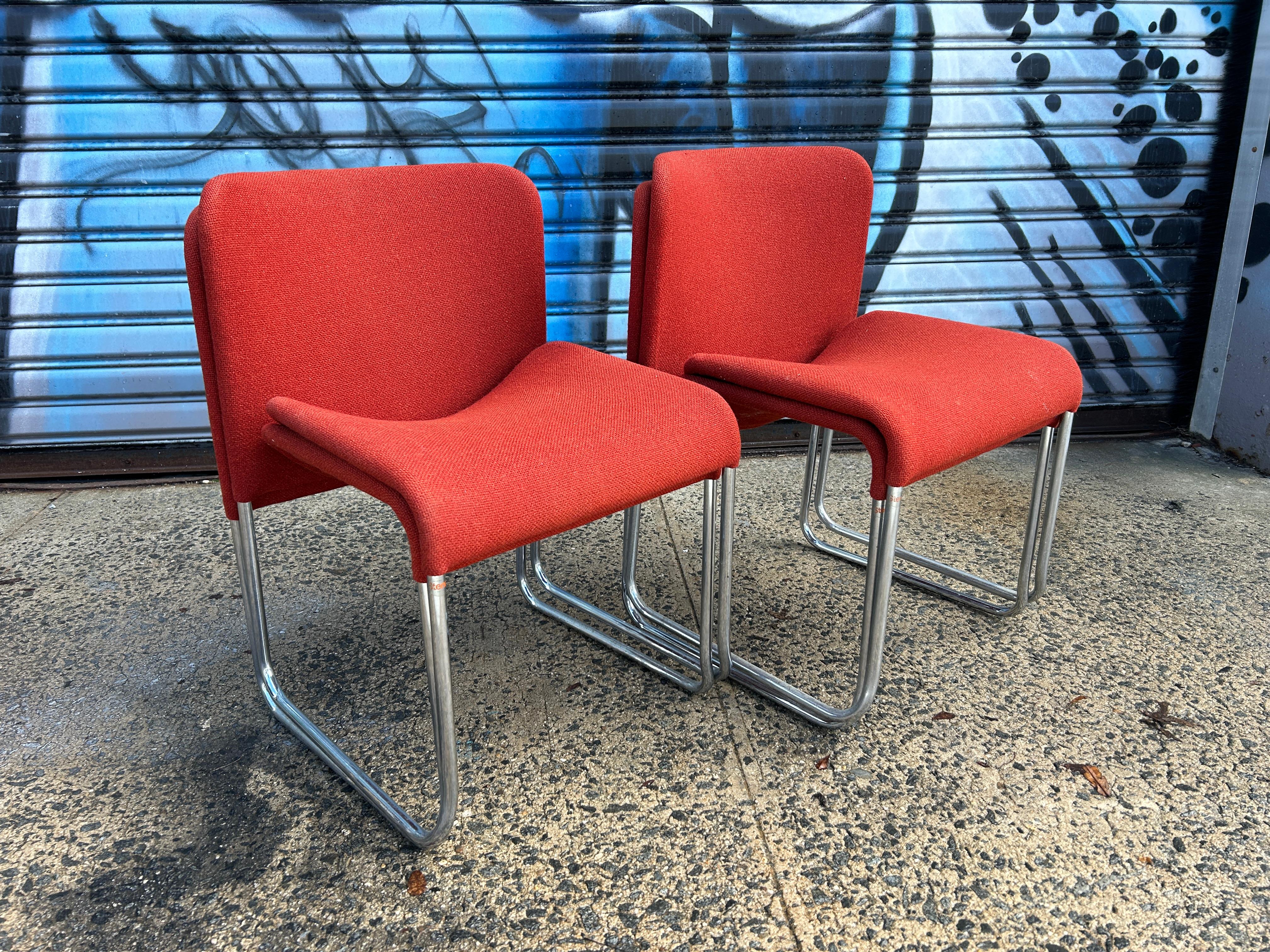 Post-Modern Rare Set (4) Ecco chrome red woven wool Stackable chairs by Møre Design team For Sale