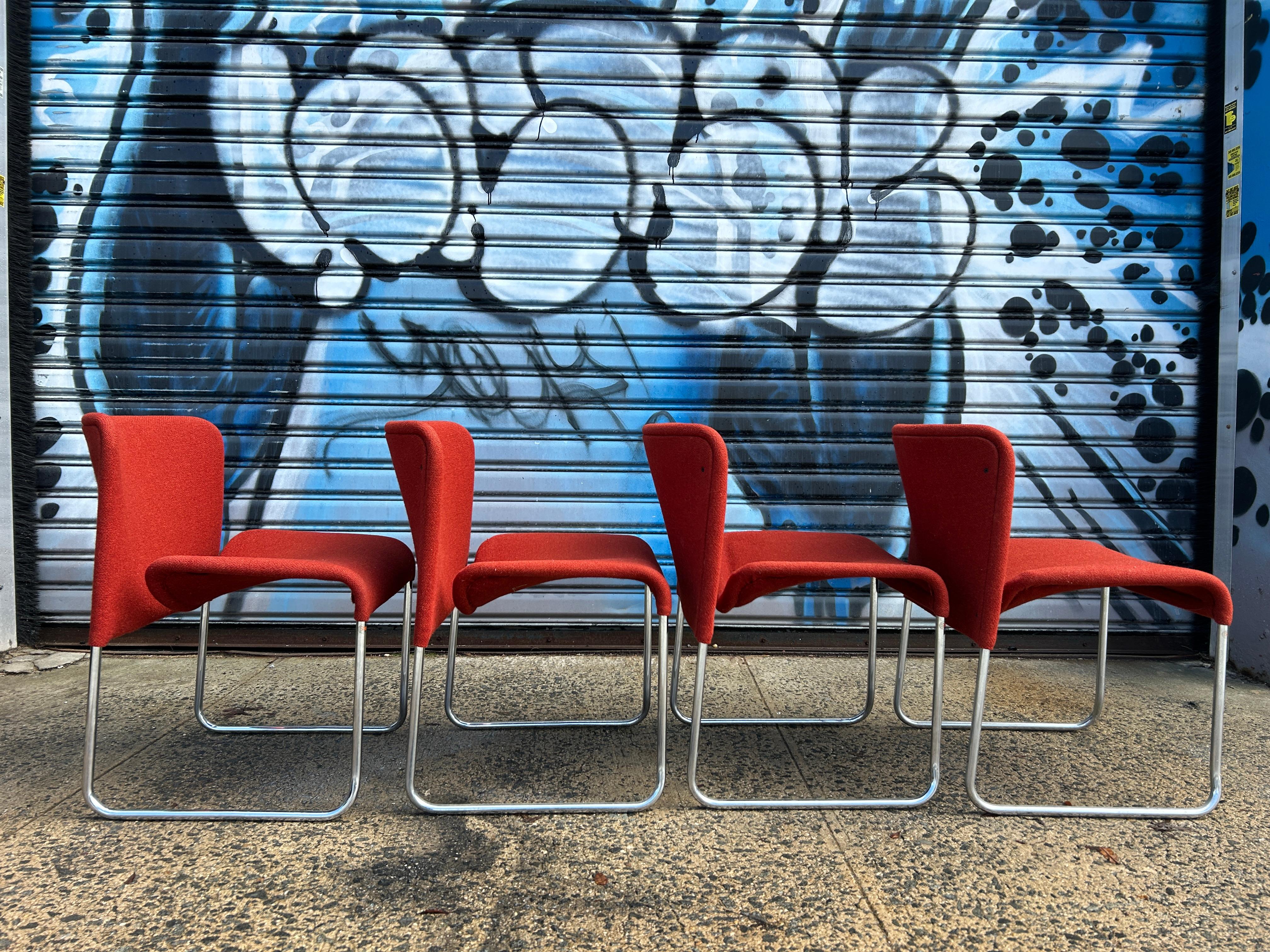 Norwegian Rare Set (4) Ecco chrome red woven wool Stackable chairs by Møre Design team For Sale