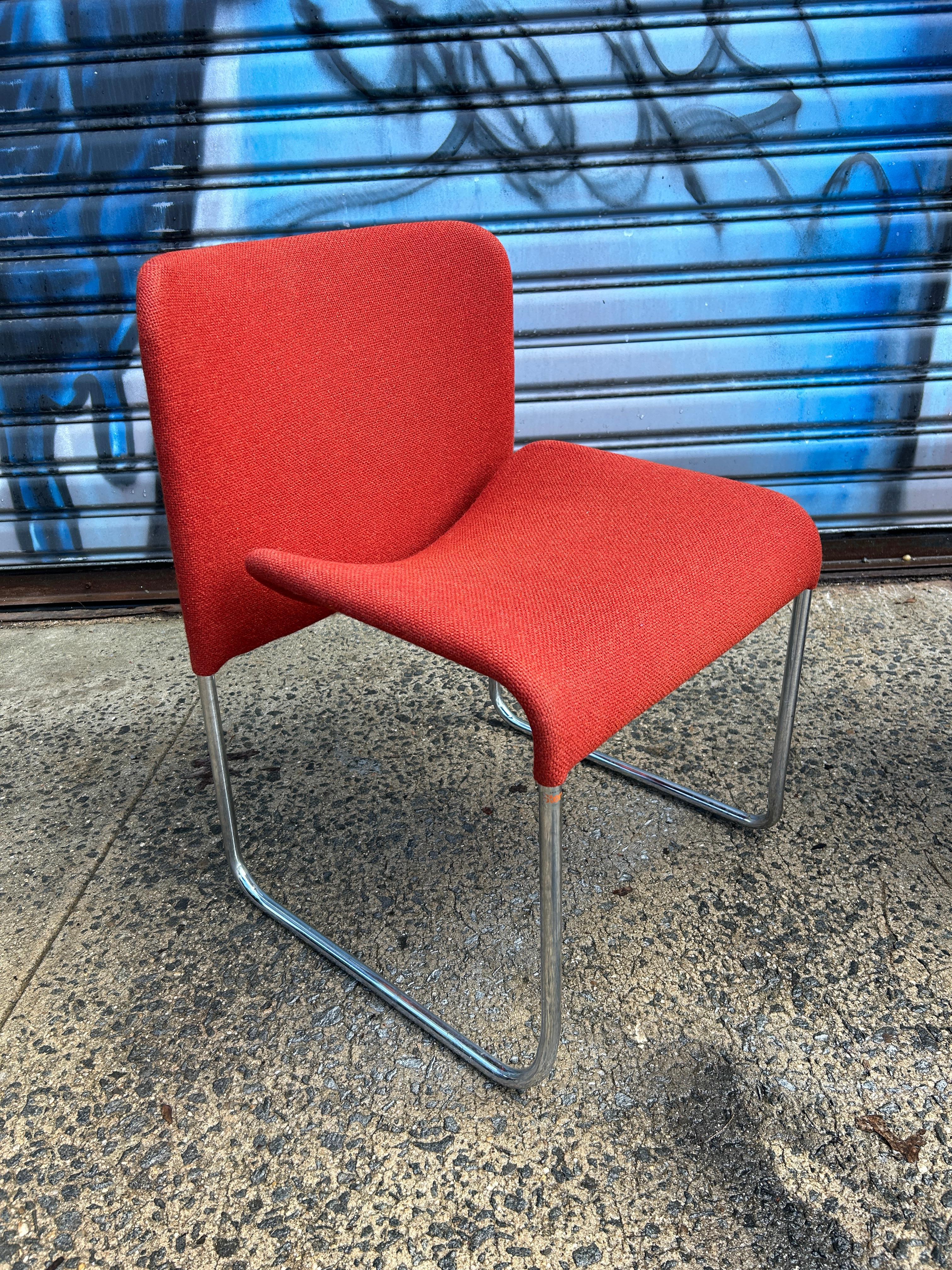 Rare Set (4) Ecco chrome red woven wool Stackable chairs by Møre Design team In Good Condition For Sale In BROOKLYN, NY