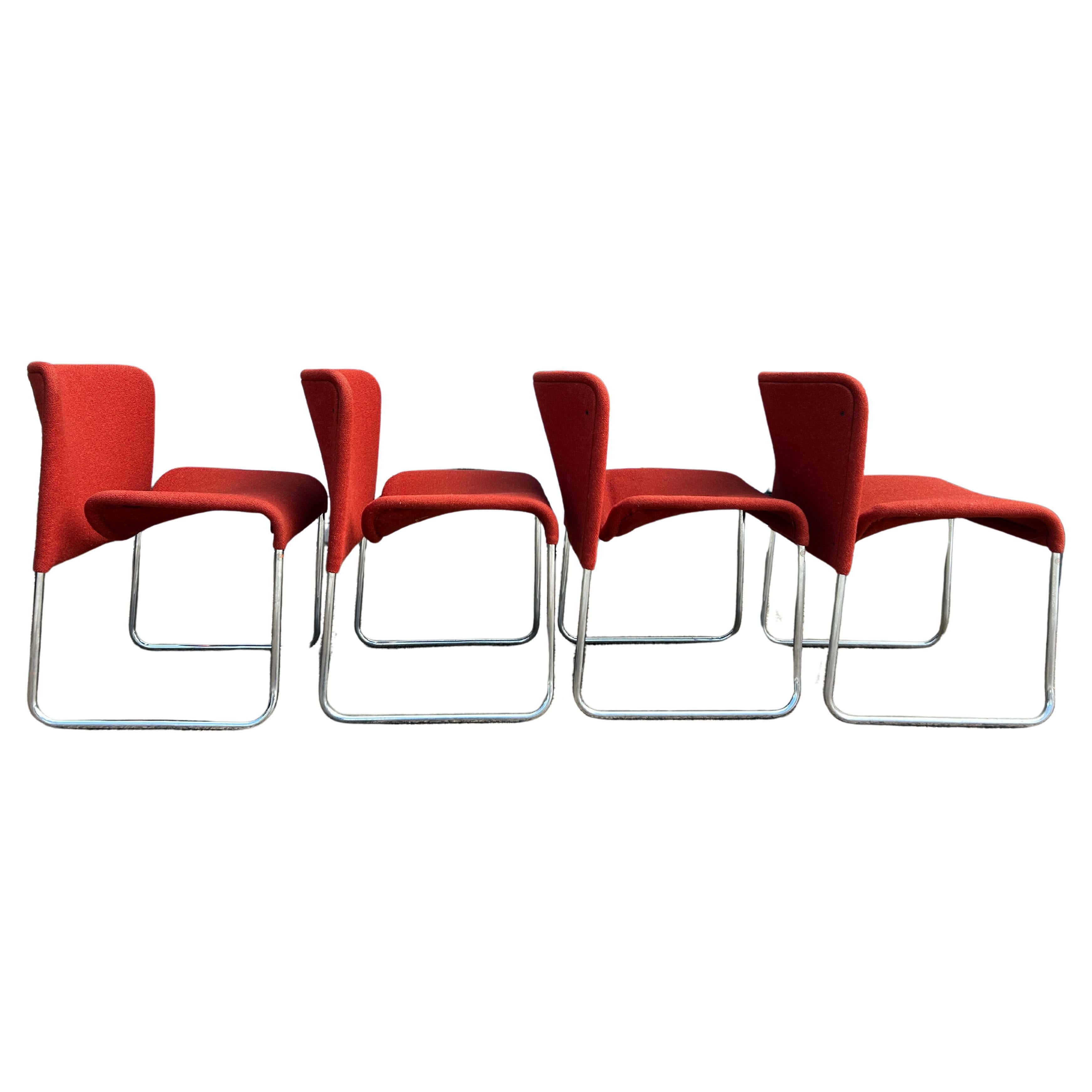 Rare Set (4) Ecco chrome red woven wool Stackable chairs by Møre Design team For Sale