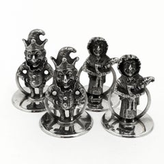 Rare Set 4 Edwardian Antique Sterling Silver Punch & Judy Menu Holders Box 1910