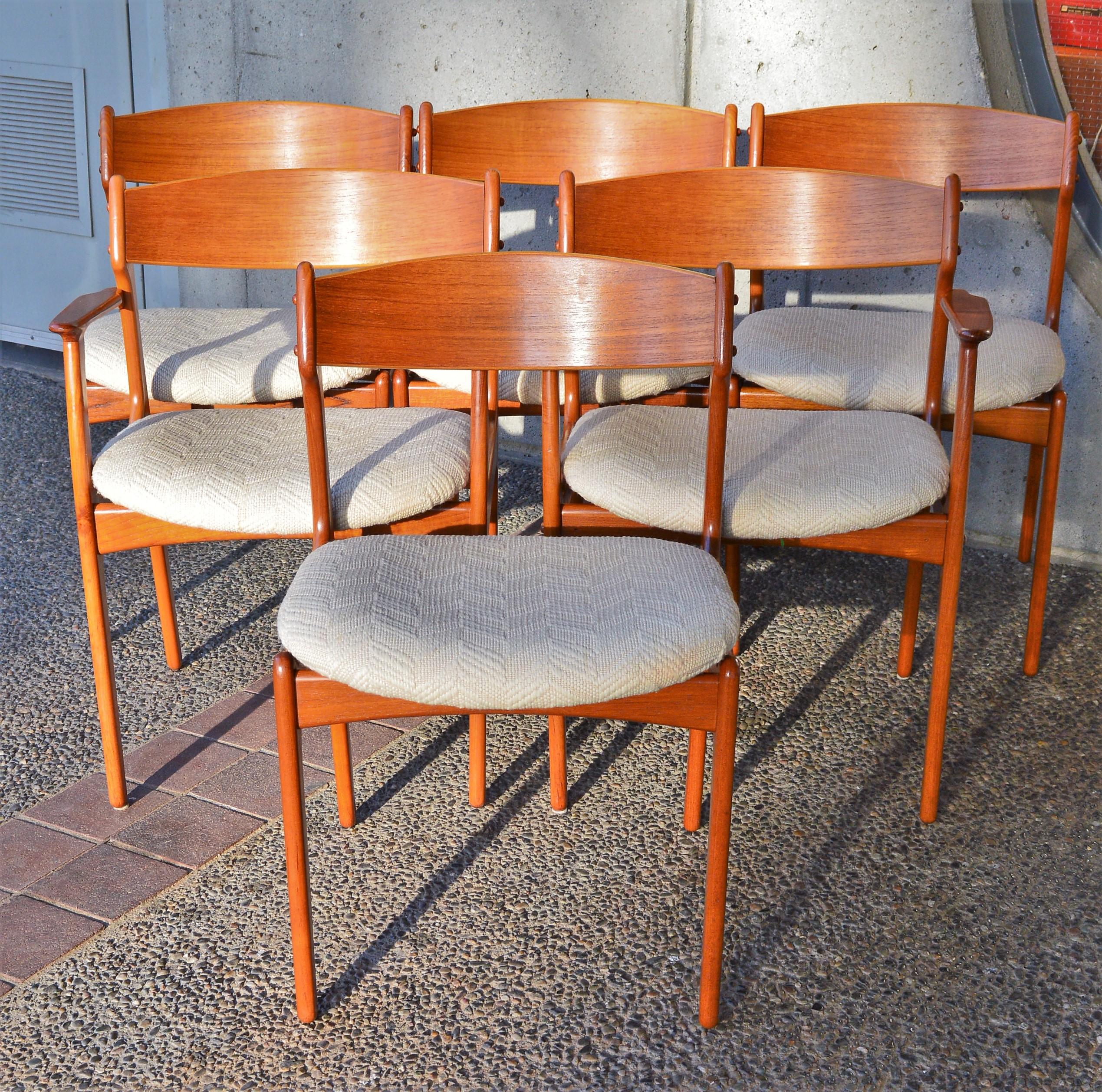 Mid-Century Modern Rare Set 6 Danish Teak Dining Chairs by Erik Buch, Teak Backrests & 2 Armchairs For Sale