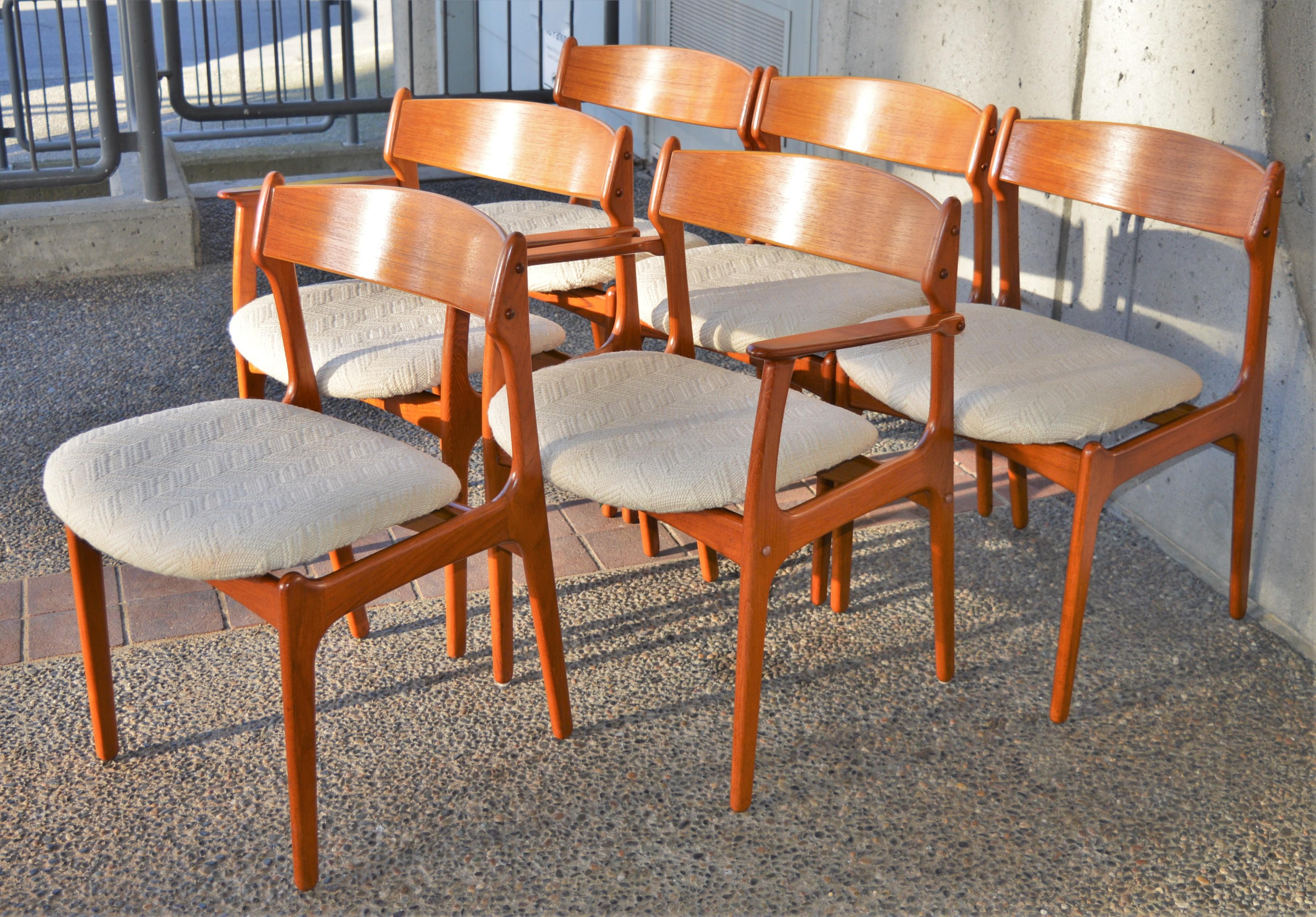 Rare Set 6 Danish Teak Dining Chairs by Erik Buch, Teak Backrests & 2 Armchairs For Sale 1