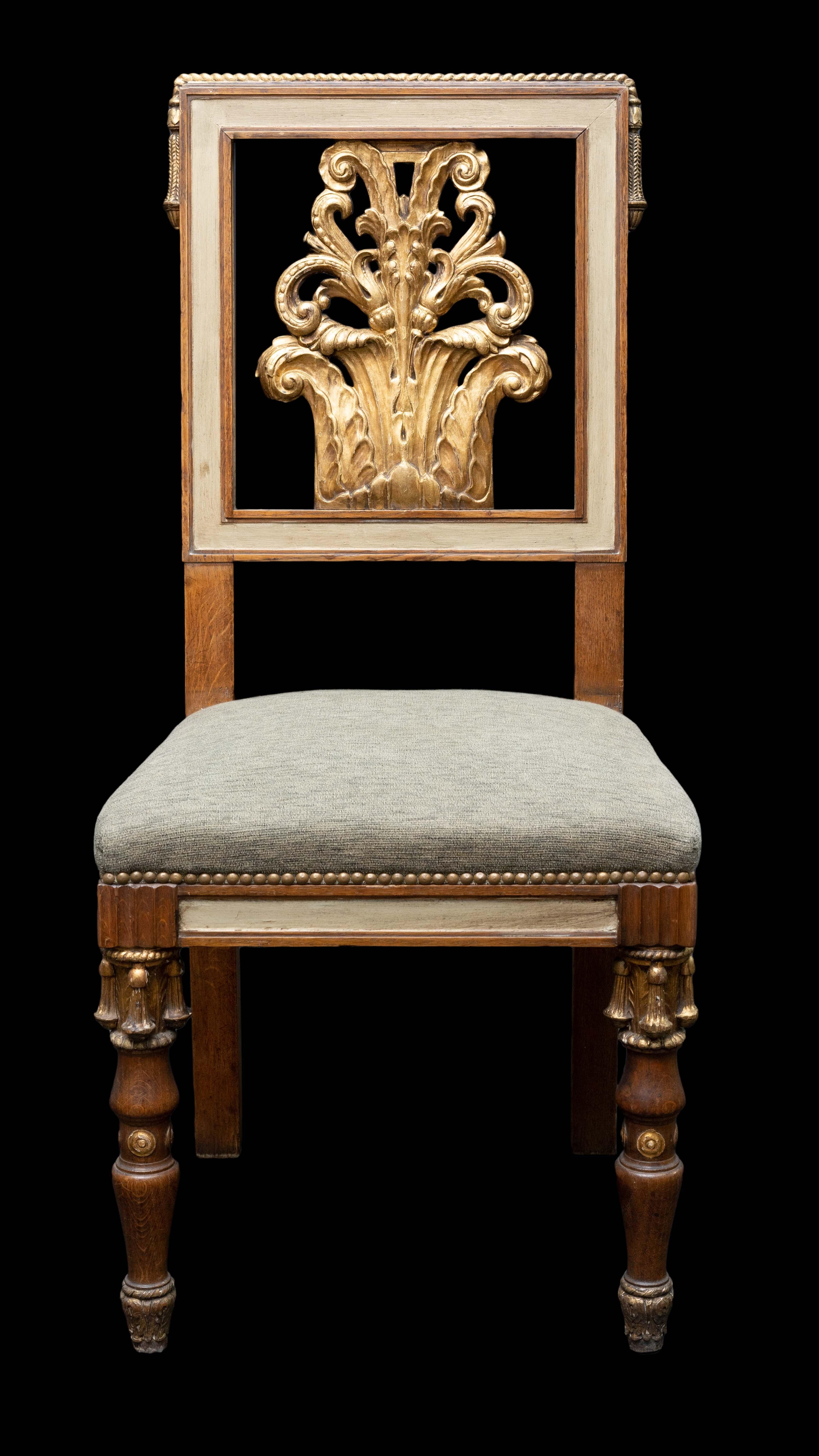 A rare set of six oak painted, carved and gilt dining chairs attributed to Jansen circa 1940.