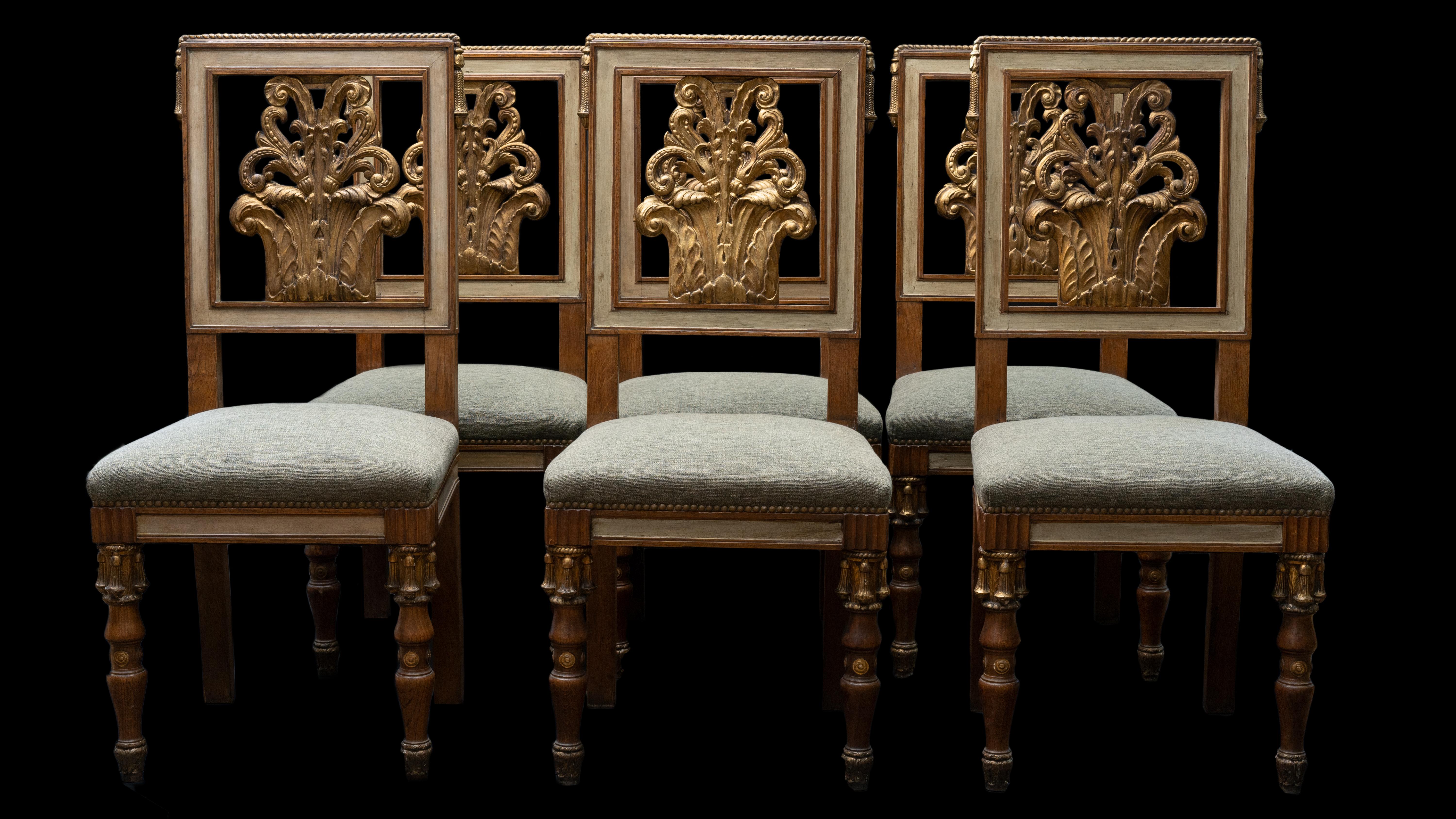 Rare Set 6 Oak Carved Gilt Dining Chairs C.1940 Attributed to Jansen For Sale 3