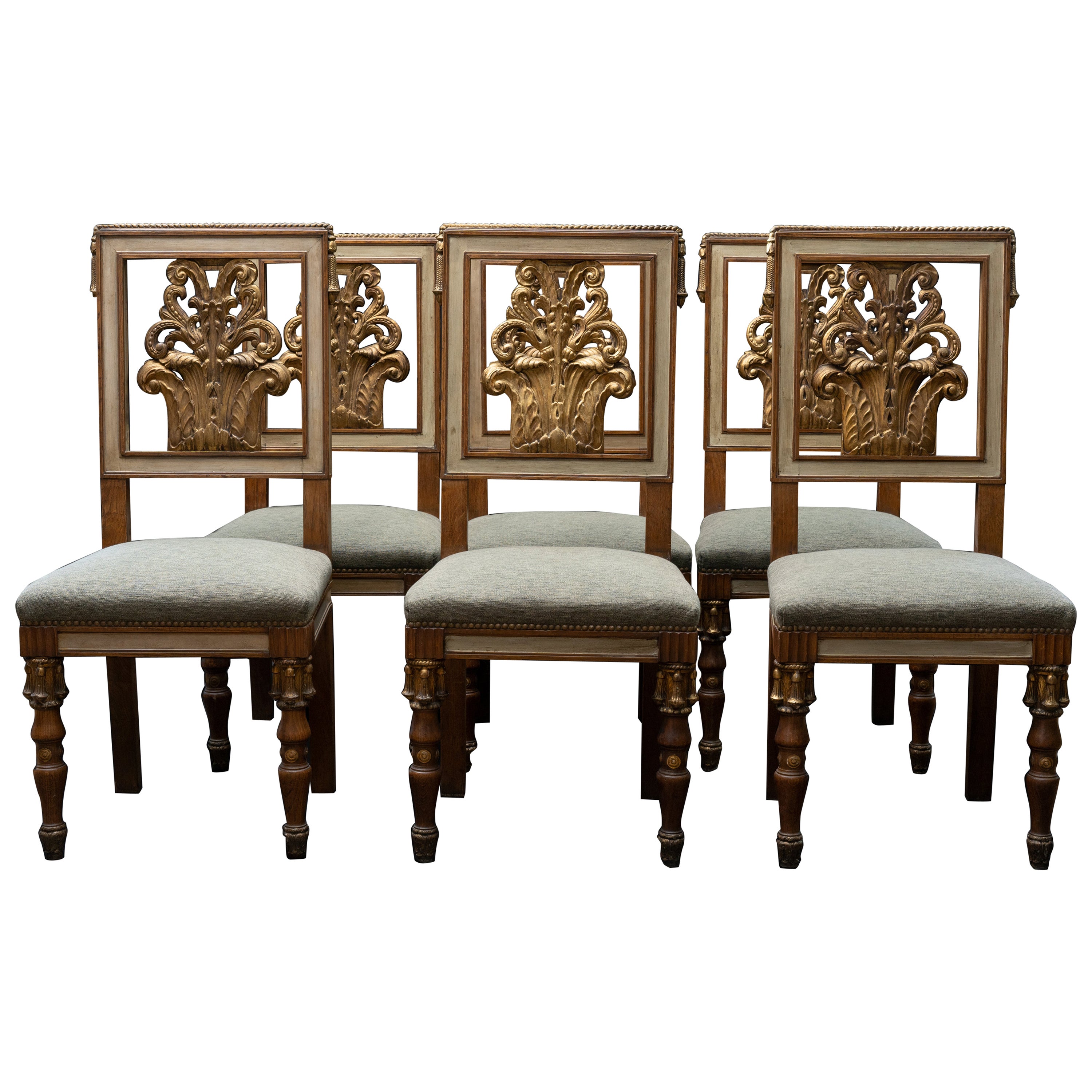 Rare Set 6 Oak Carved Gilt Dining Chairs C.1940 Attributed to Jansen