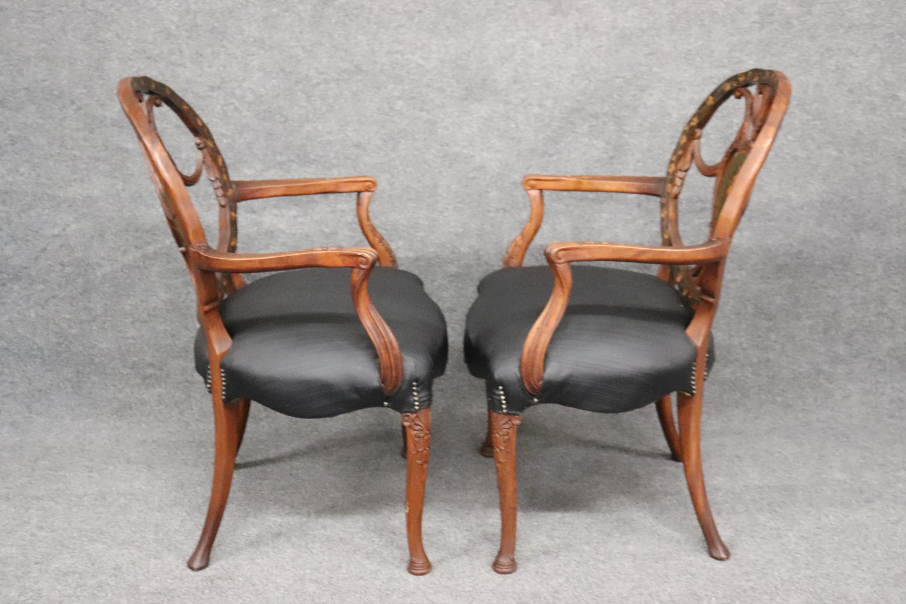 Rare Set 8 English Carved Walnut Adams Paint Decorated Dining Chairs, C1910 6