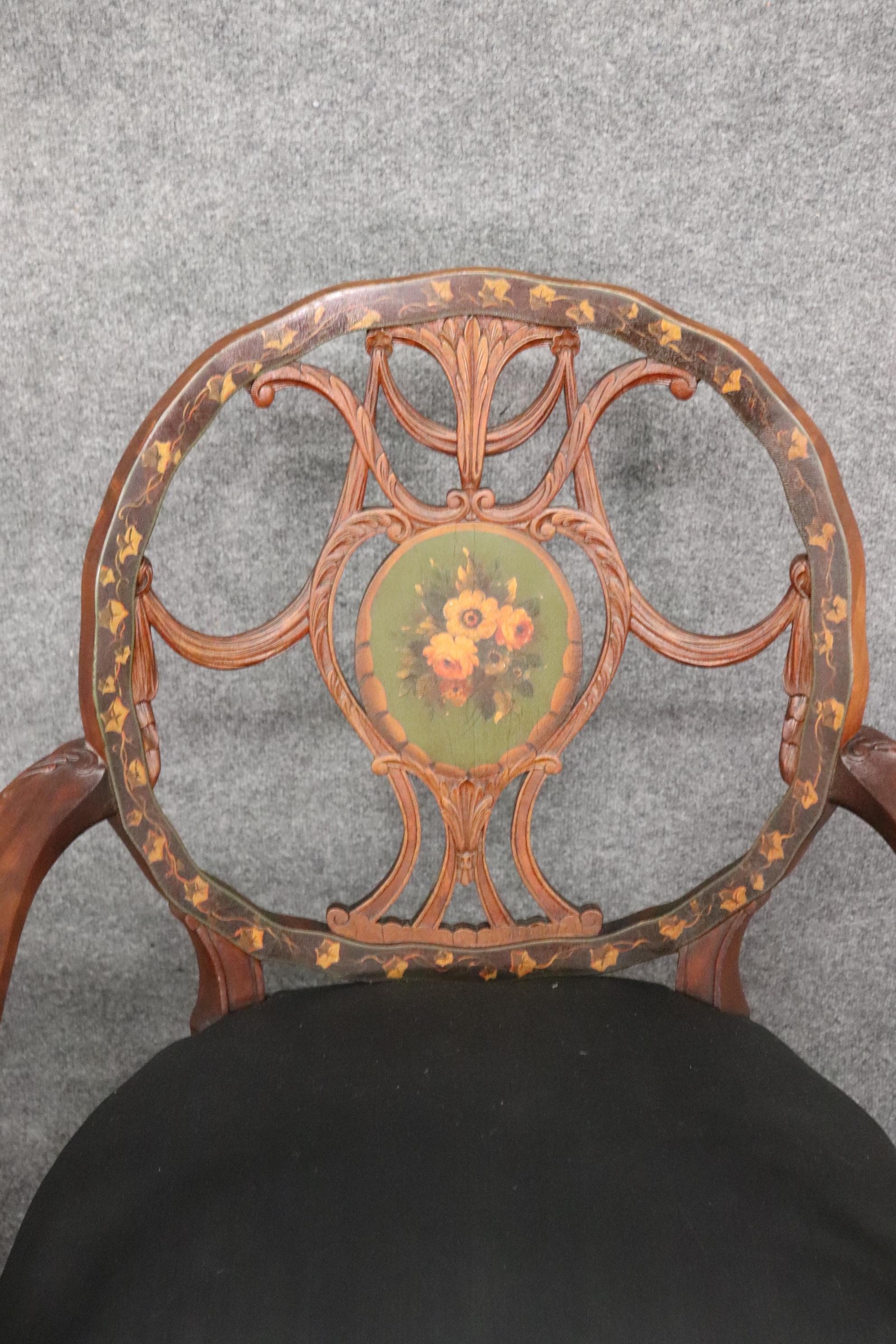 Rare Set 8 English Carved Walnut Adams Paint Decorated Dining Chairs, C1910 7