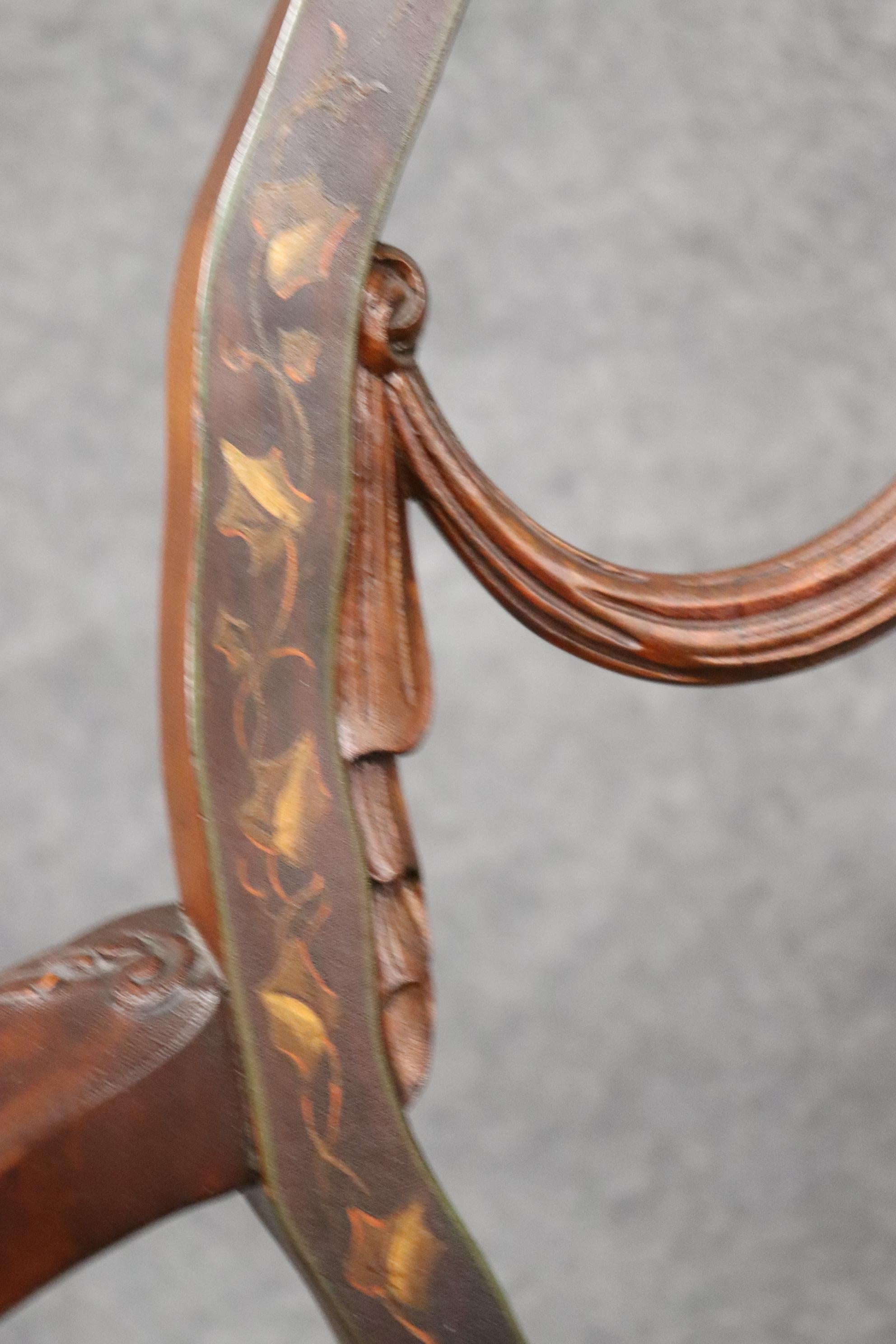 Rare Set 8 English Carved Walnut Adams Paint Decorated Dining Chairs, C1910 14