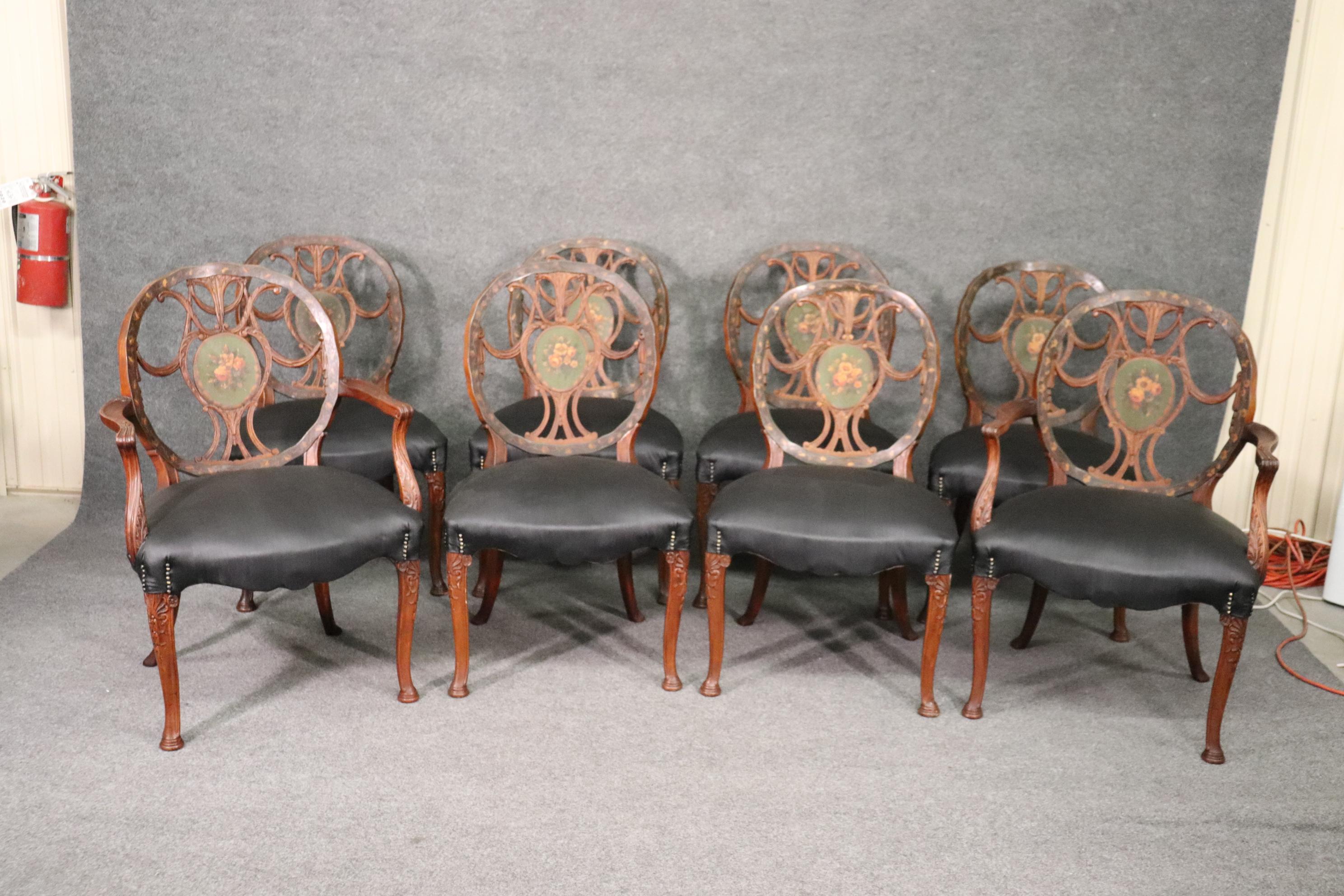 Adam Style Rare Set 8 English Carved Walnut Adams Paint Decorated Dining Chairs, C1910