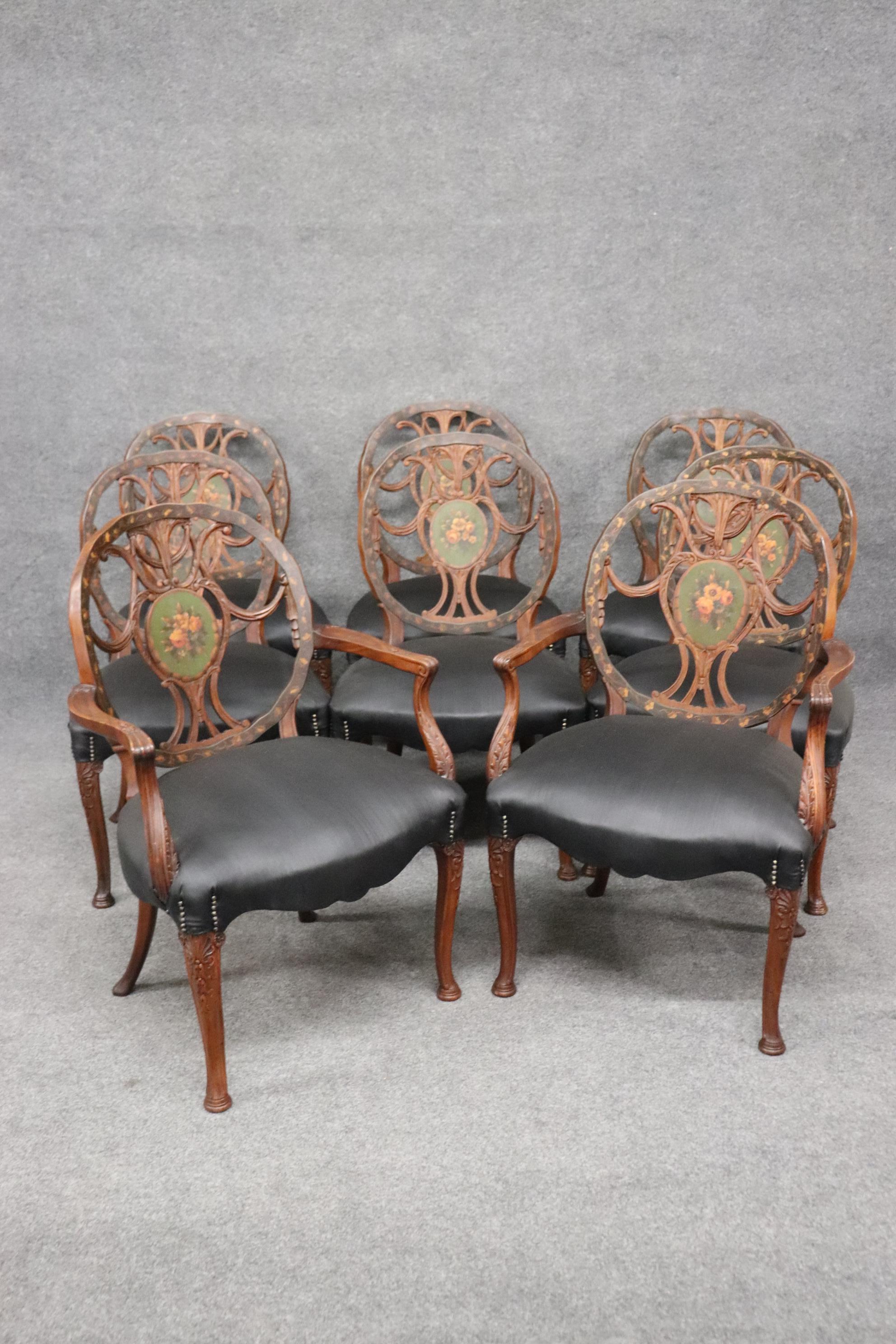 Early 20th Century Rare Set 8 English Carved Walnut Adams Paint Decorated Dining Chairs, C1910