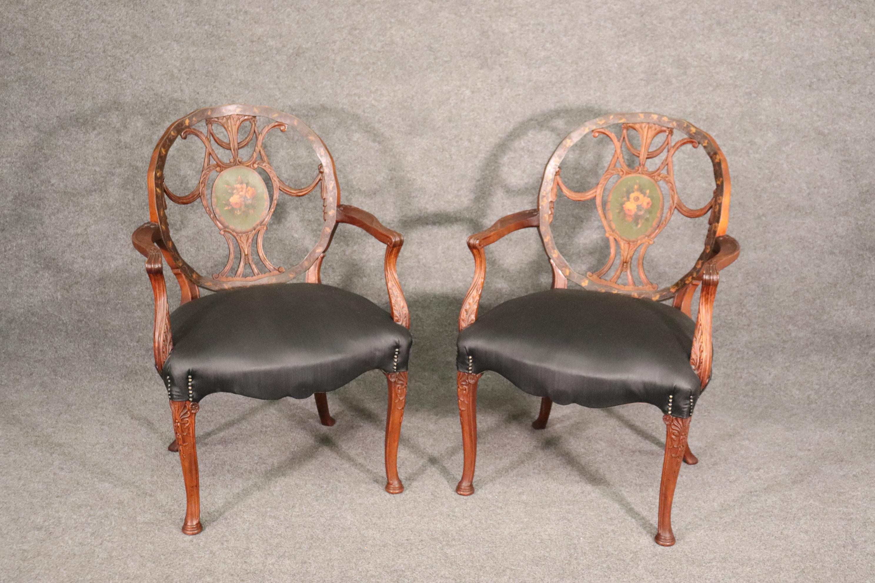 Rare Set 8 English Carved Walnut Adams Paint Decorated Dining Chairs, C1910 1
