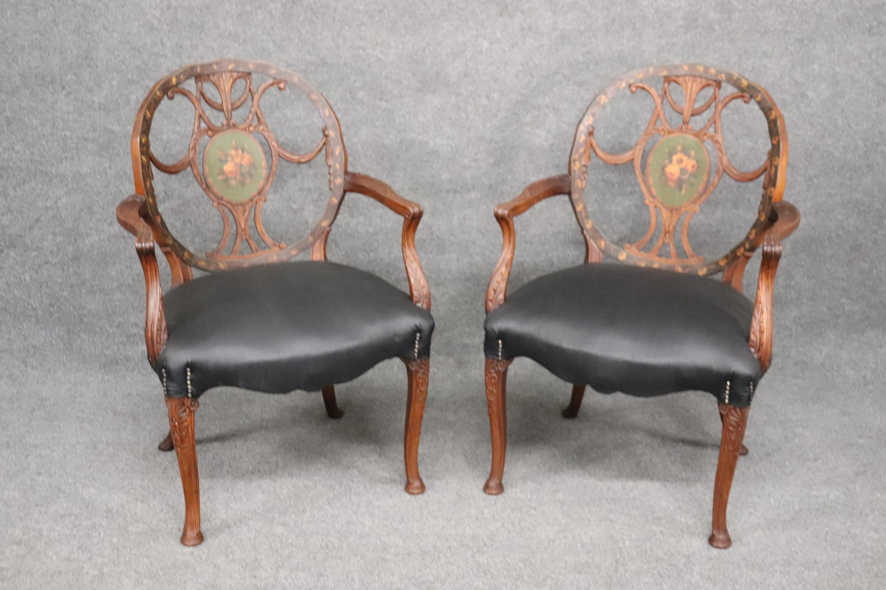 Rare Set 8 English Carved Walnut Adams Paint Decorated Dining Chairs, C1910 2