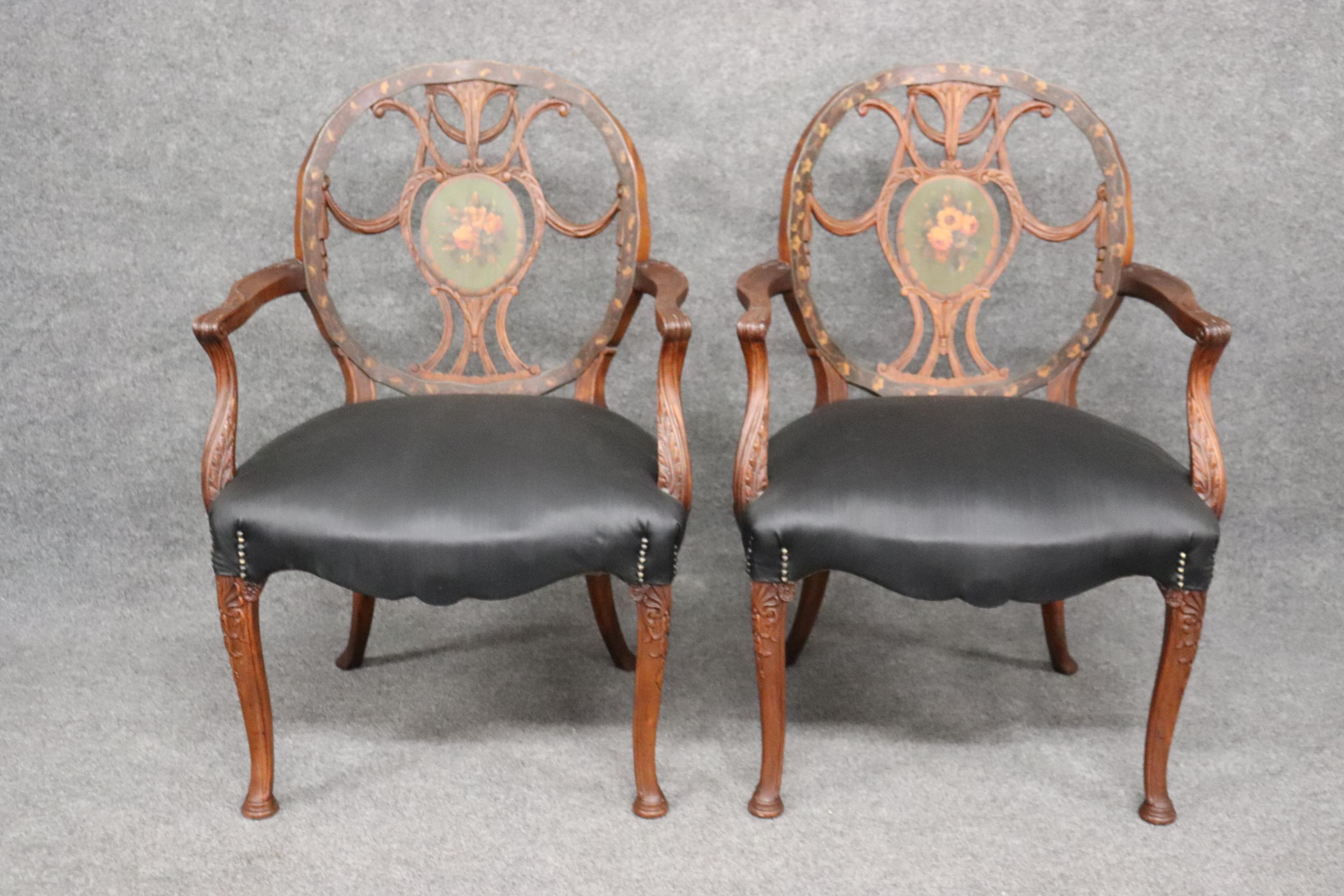 Rare Set 8 English Carved Walnut Adams Paint Decorated Dining Chairs, C1910 3