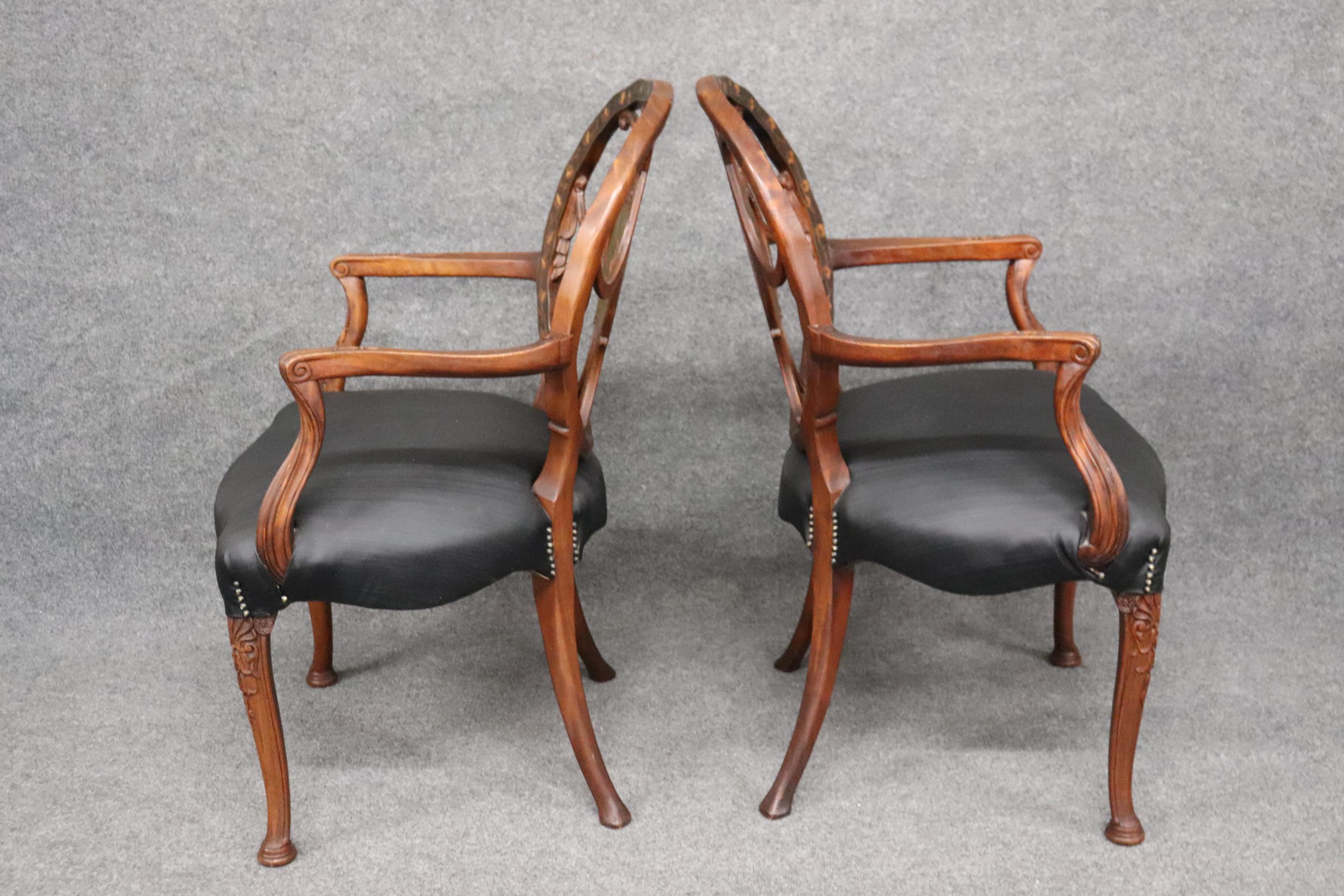 Rare Set 8 English Carved Walnut Adams Paint Decorated Dining Chairs, C1910 4