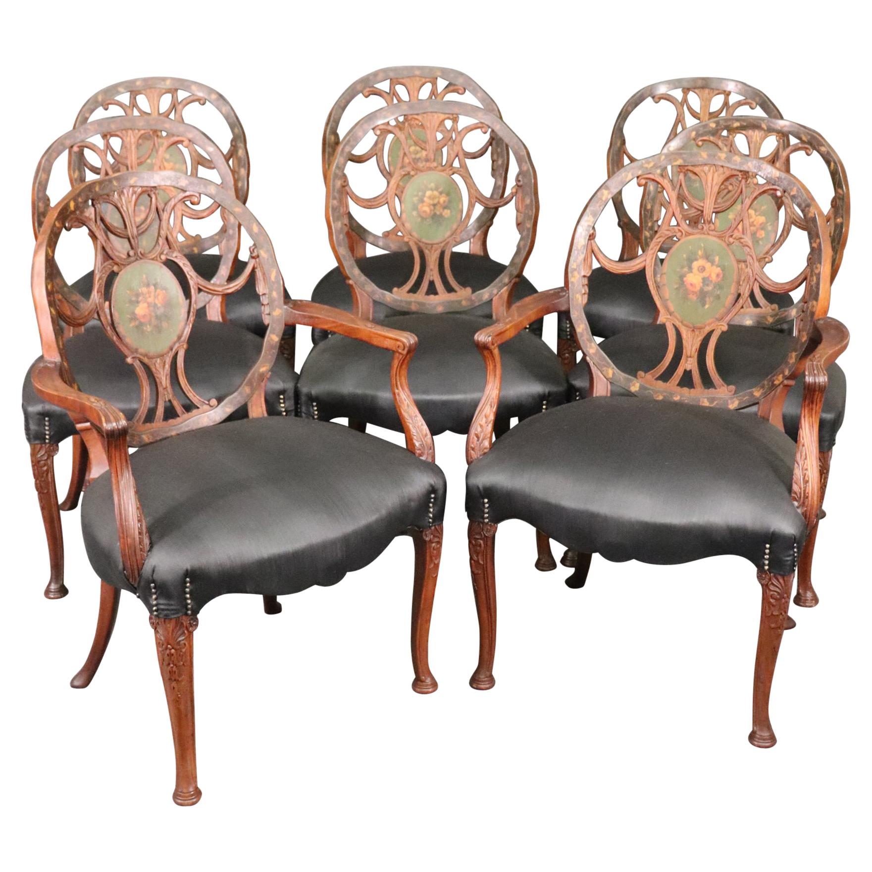 Rare Set 8 English Carved Walnut Adams Paint Decorated Dining Chairs, C1910
