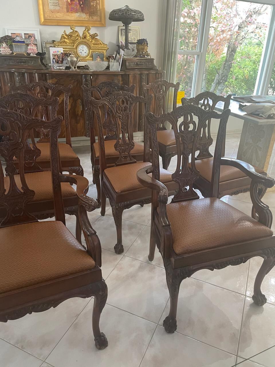 The Following Item we are Offering is Rare Set of Important Fine Estate Suite of Eight George III-Style Mahogany Dining Chairs
20th century, consisting of a pair of armchairs, and six side chairs, each with a pierced and carved backsplat and custom