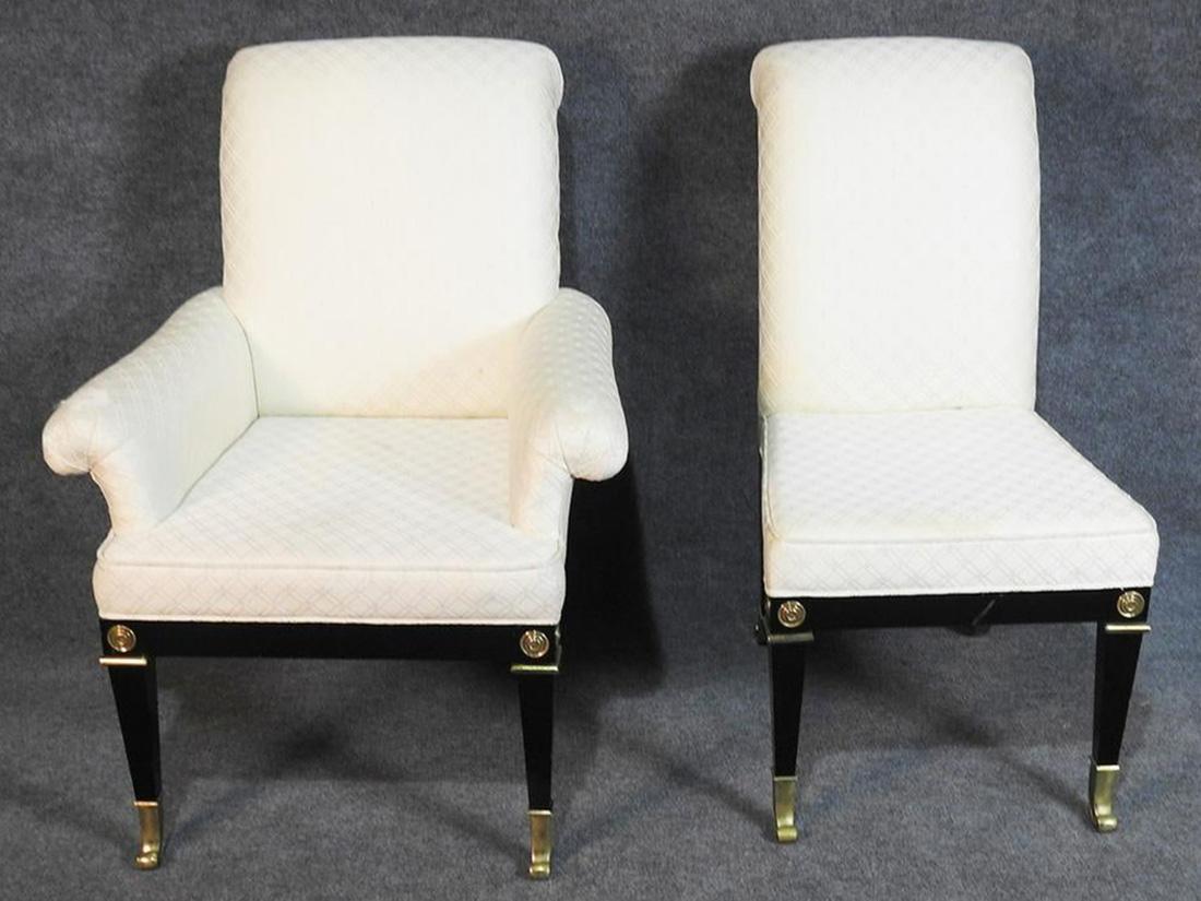 Rare Set of 8 Mastercraft Bronze Mounted Black Lacquer Dining Chairs circa 1960s In Good Condition In Swedesboro, NJ