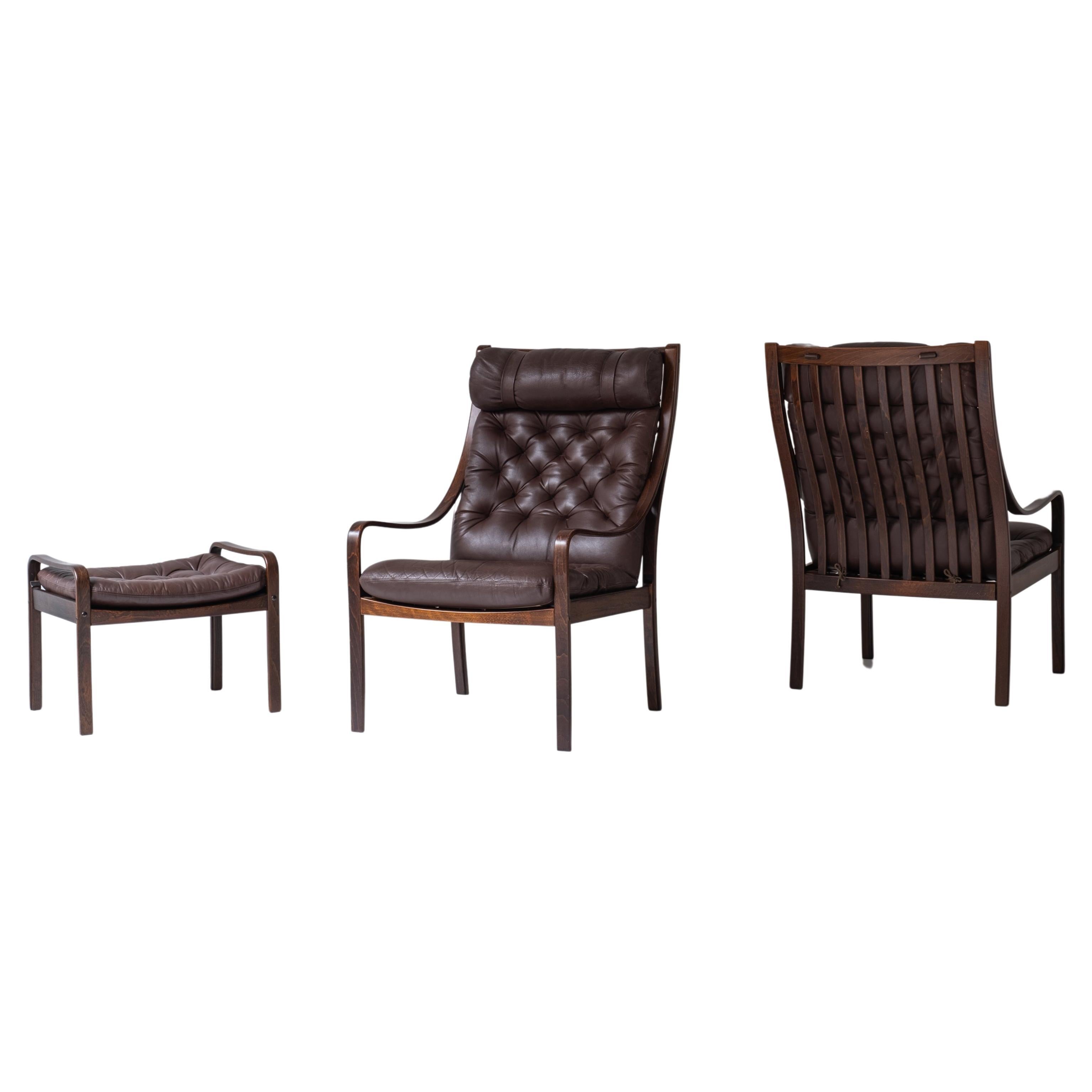 Rare set armchairs + ottoman by Fredrik A. Kayser for Vatne Möbler, Norway 1960s For Sale