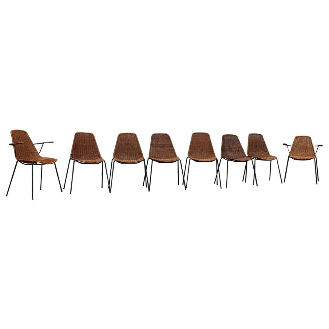 Ensemble rare de chaises Bamboo Italia design mi-siècle moderne Campo & Graffi des années 1950 fer noir