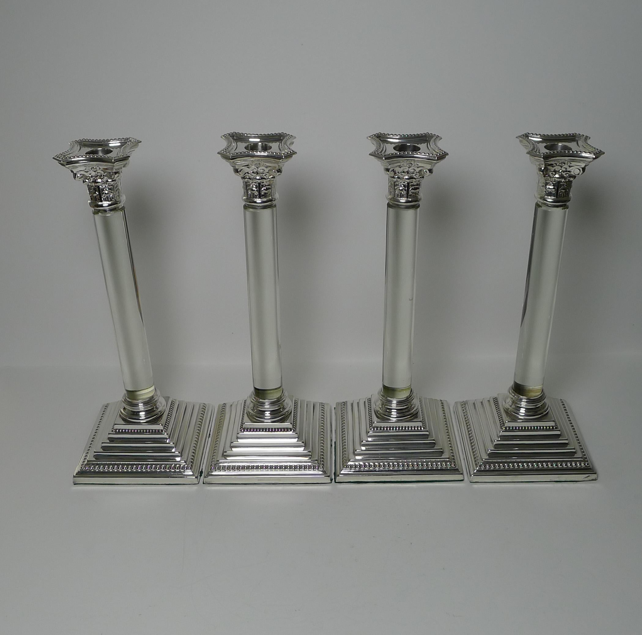 Rare Set Four Silver Plate & Glass Column Candlesticks, circa 1860 For Sale 4