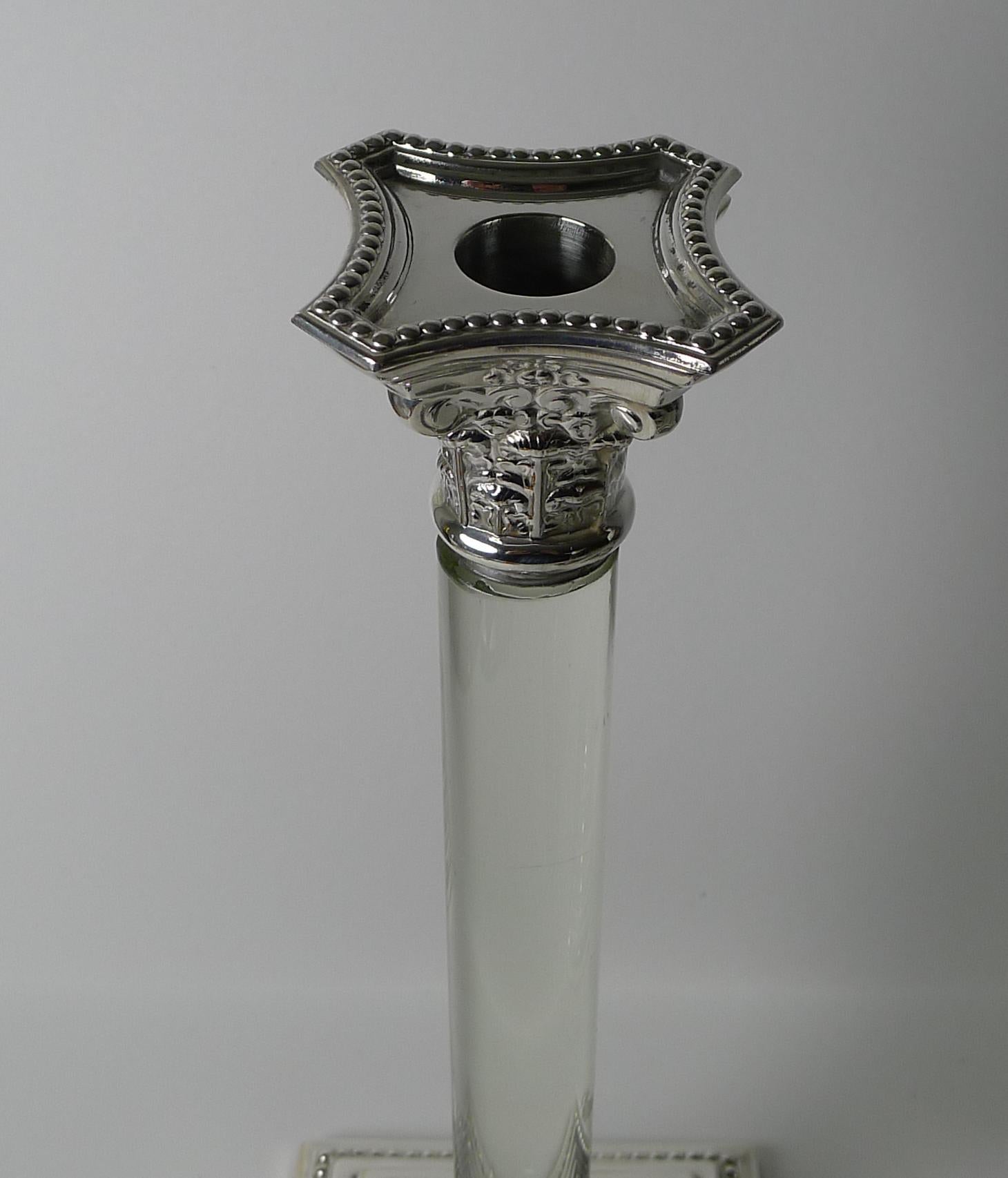 Victorian Rare Set Four Silver Plate & Glass Column Candlesticks, circa 1860 For Sale