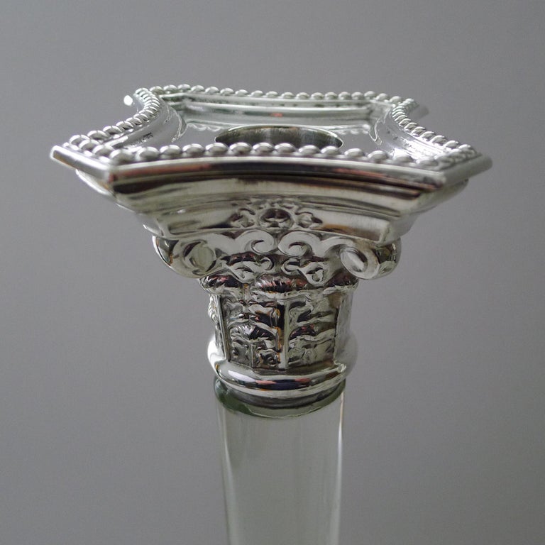 Rare Set Four Silver Plate and Glass Column Candlesticks, circa 1860