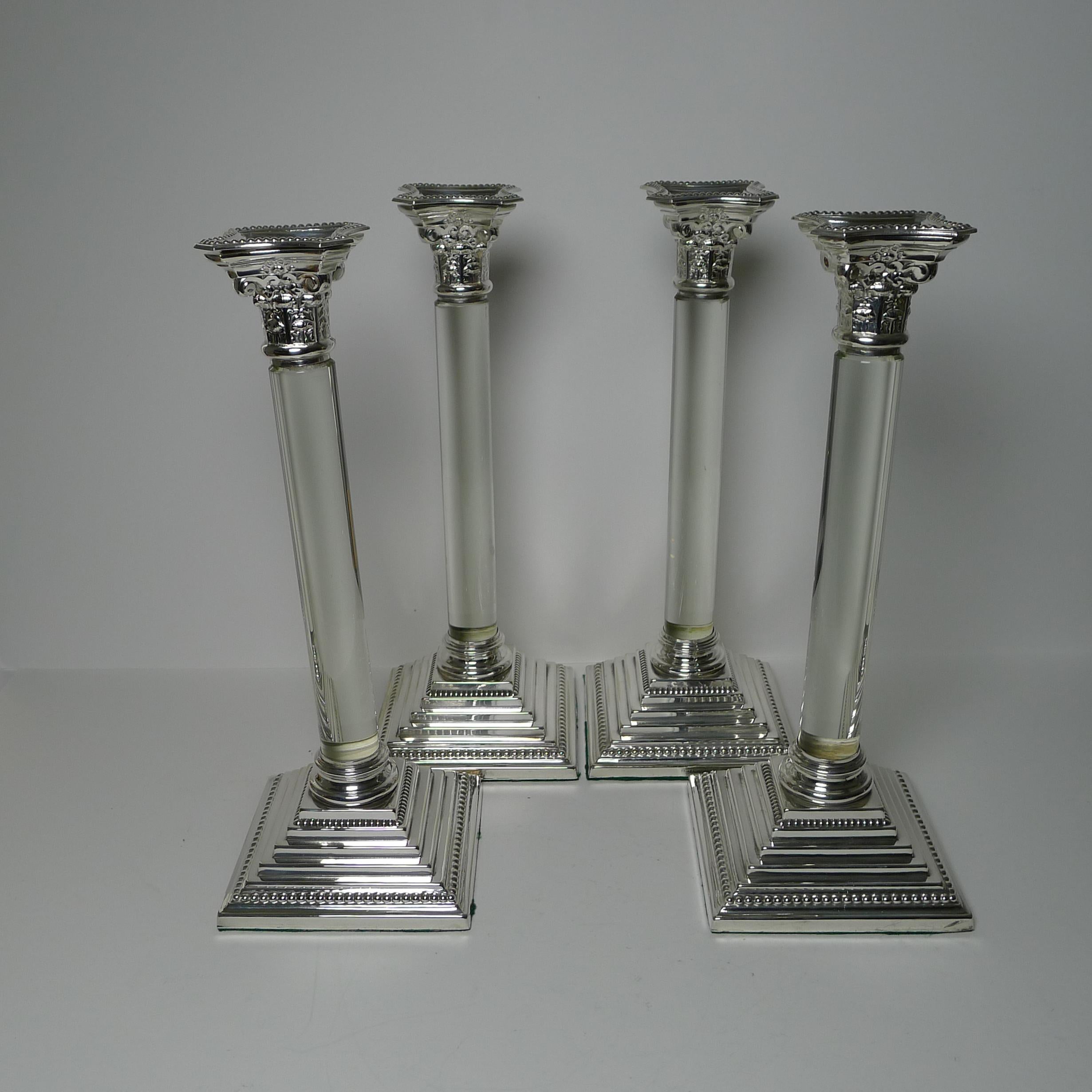 Rare Set Four Silver Plate & Glass Column Candlesticks, circa 1860 For Sale 2