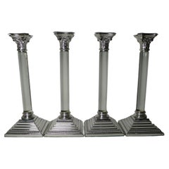 Rare Set Four Silver Plate & Glass Column Candlesticks, circa 1860