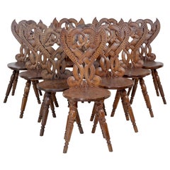 Rare Set of 10 Carved Oak 19th Century Hall Chairs