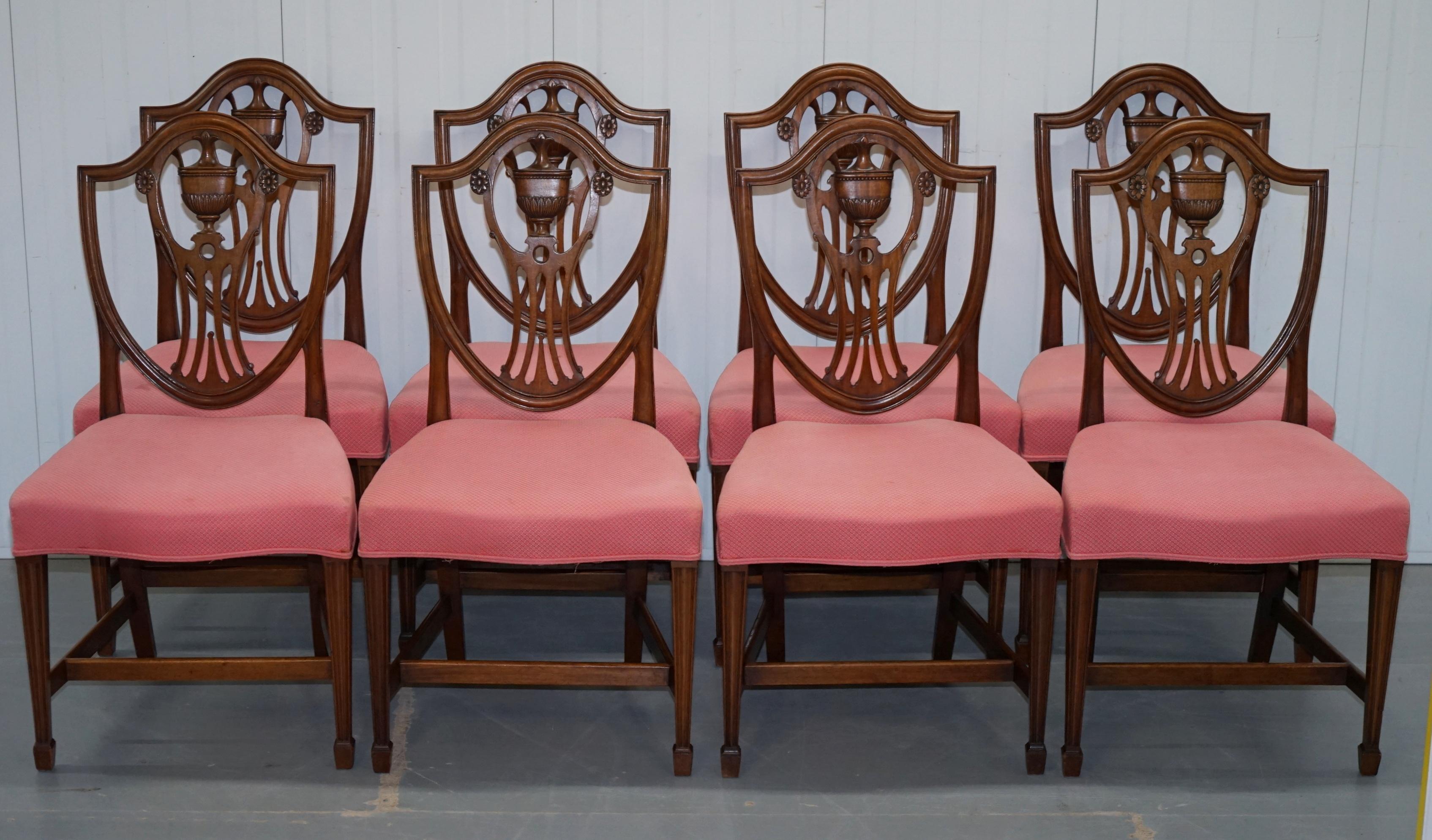 We are delighted to offer for sale this extremely rare set of 10 original fully stamped Gillow & Co Sheraton back antique mahogany dining chairs.

These chairs are in need of new upholstery as there are some stains and the odd hole, I can have the
