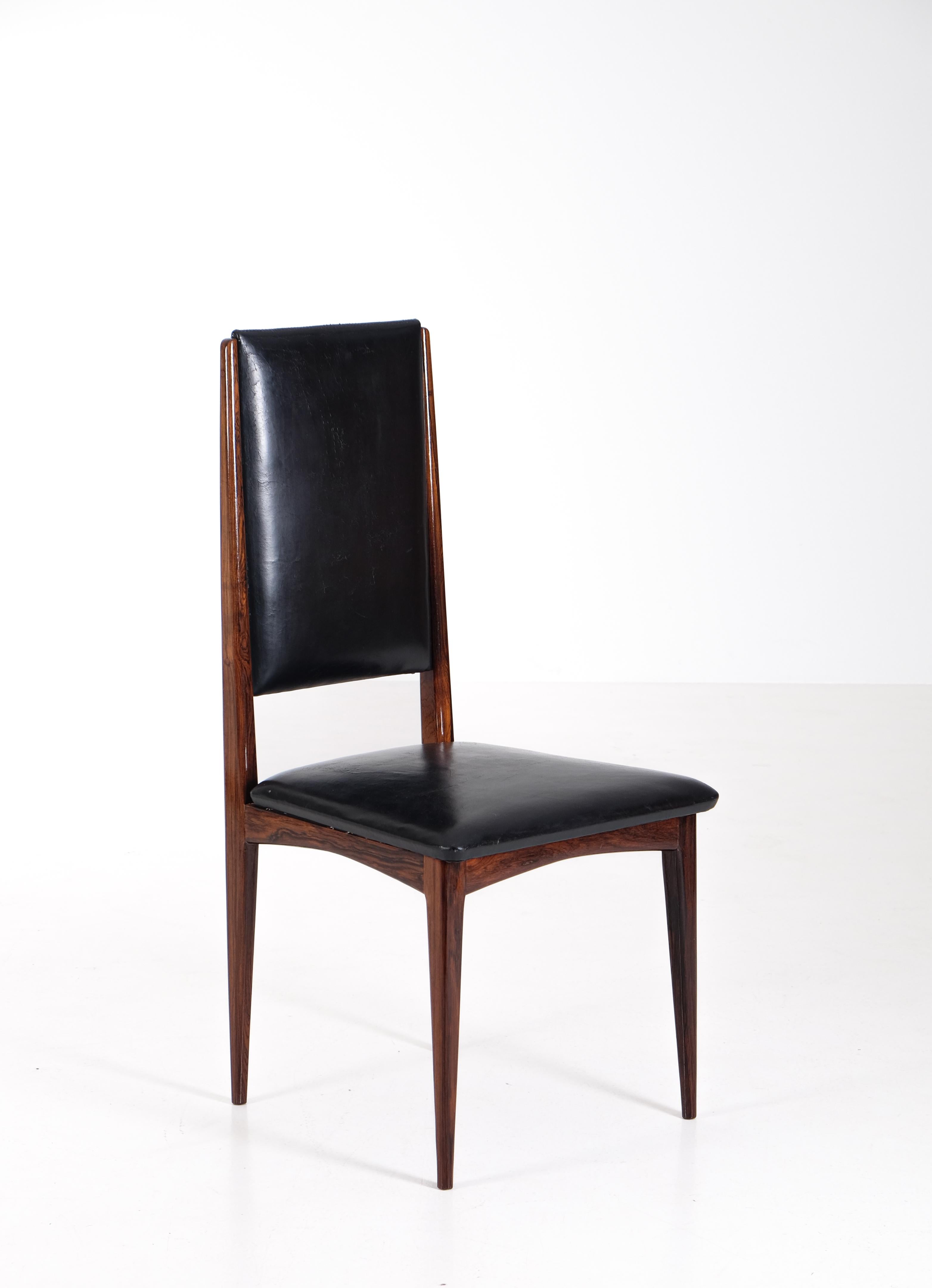 Rare set of 10 dining room chairs in original black leather by Jean Gillon, Brazil, 1960s. 
Matching dining room table available. 
