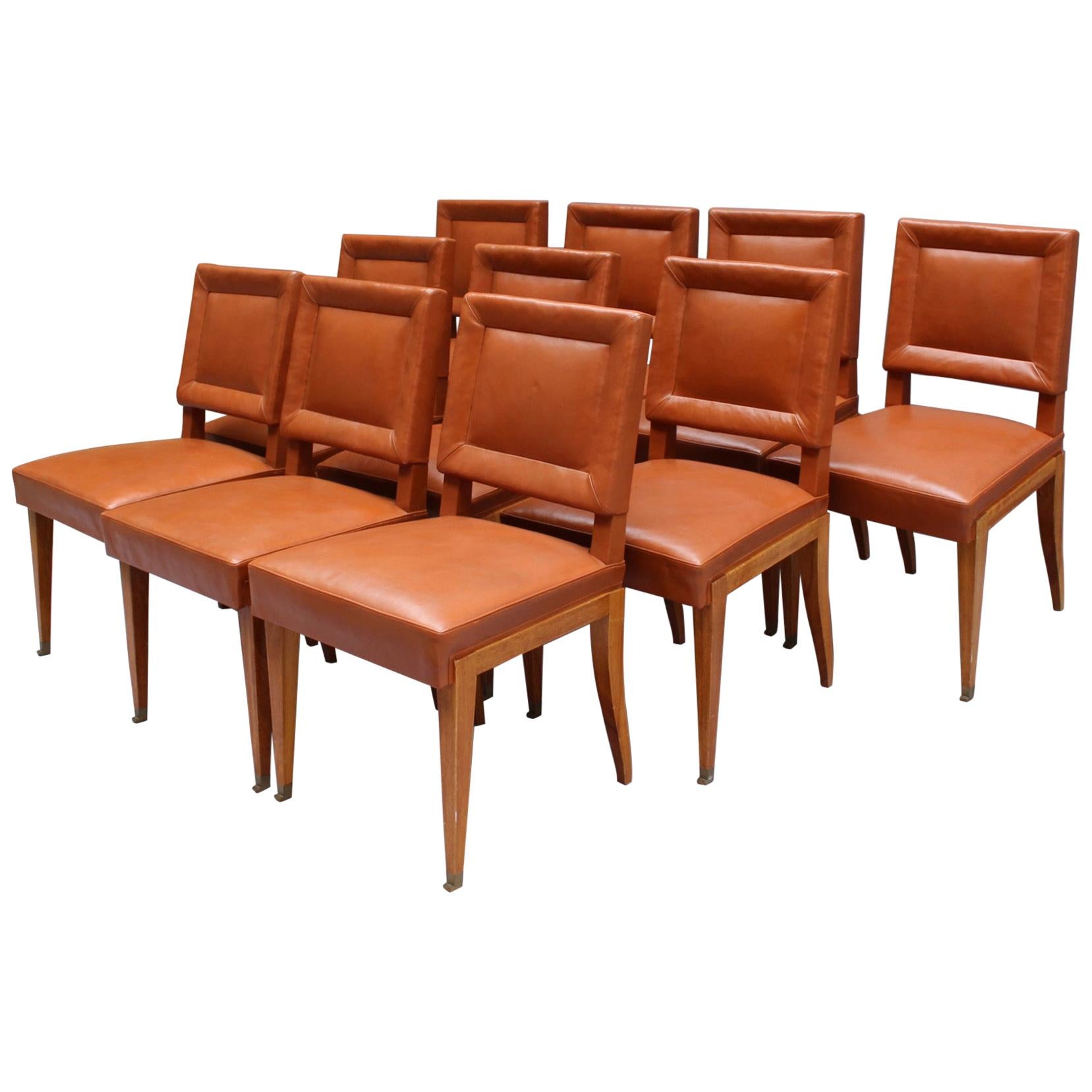 Rare Set of 10 Leather and Mahogany Chairs by Jacques Quinet