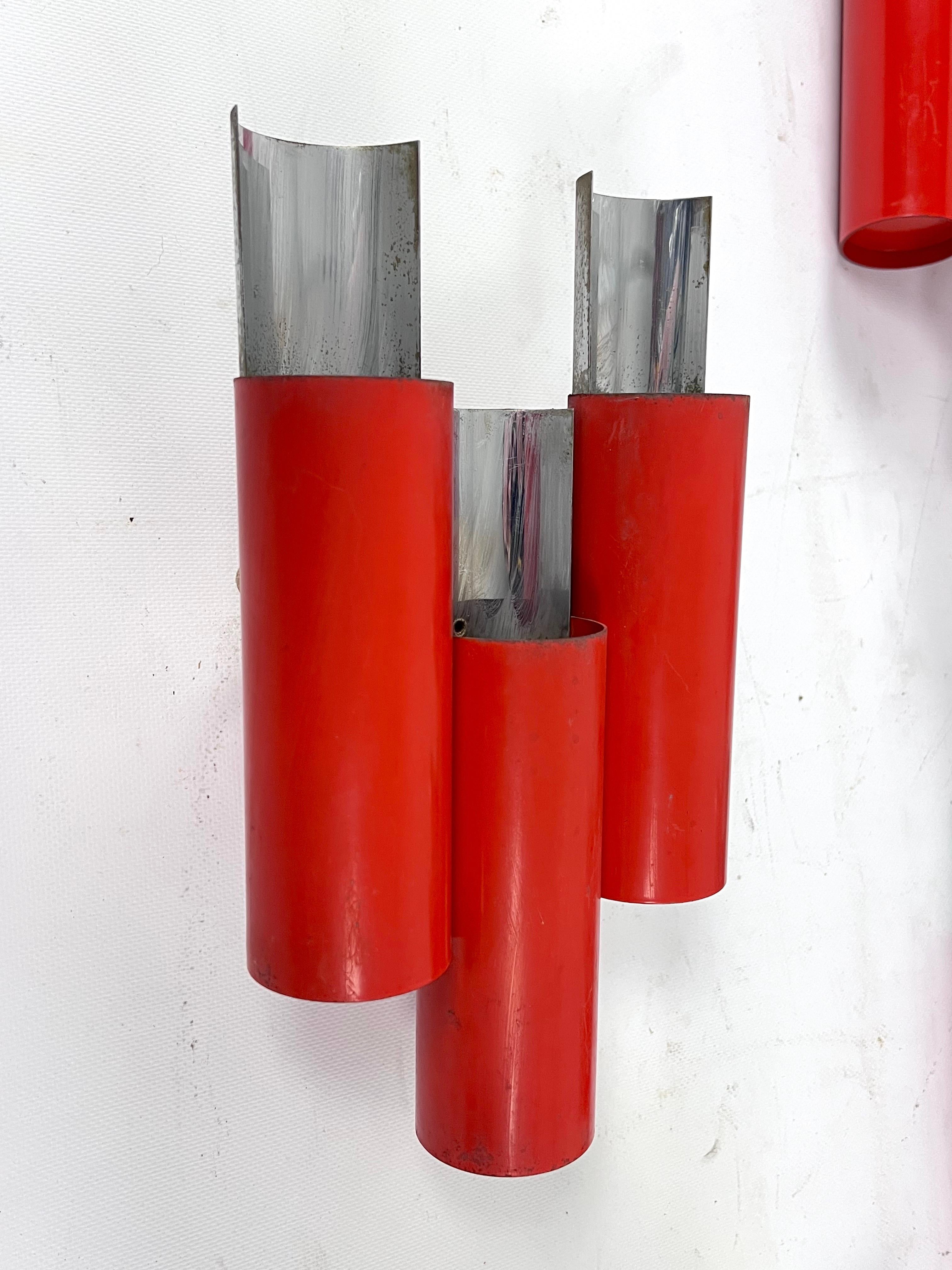 Rare Set of 10 Midcentury Red and Chrome Wall Lamps by Stilnovo, Italy, 1970s For Sale 7