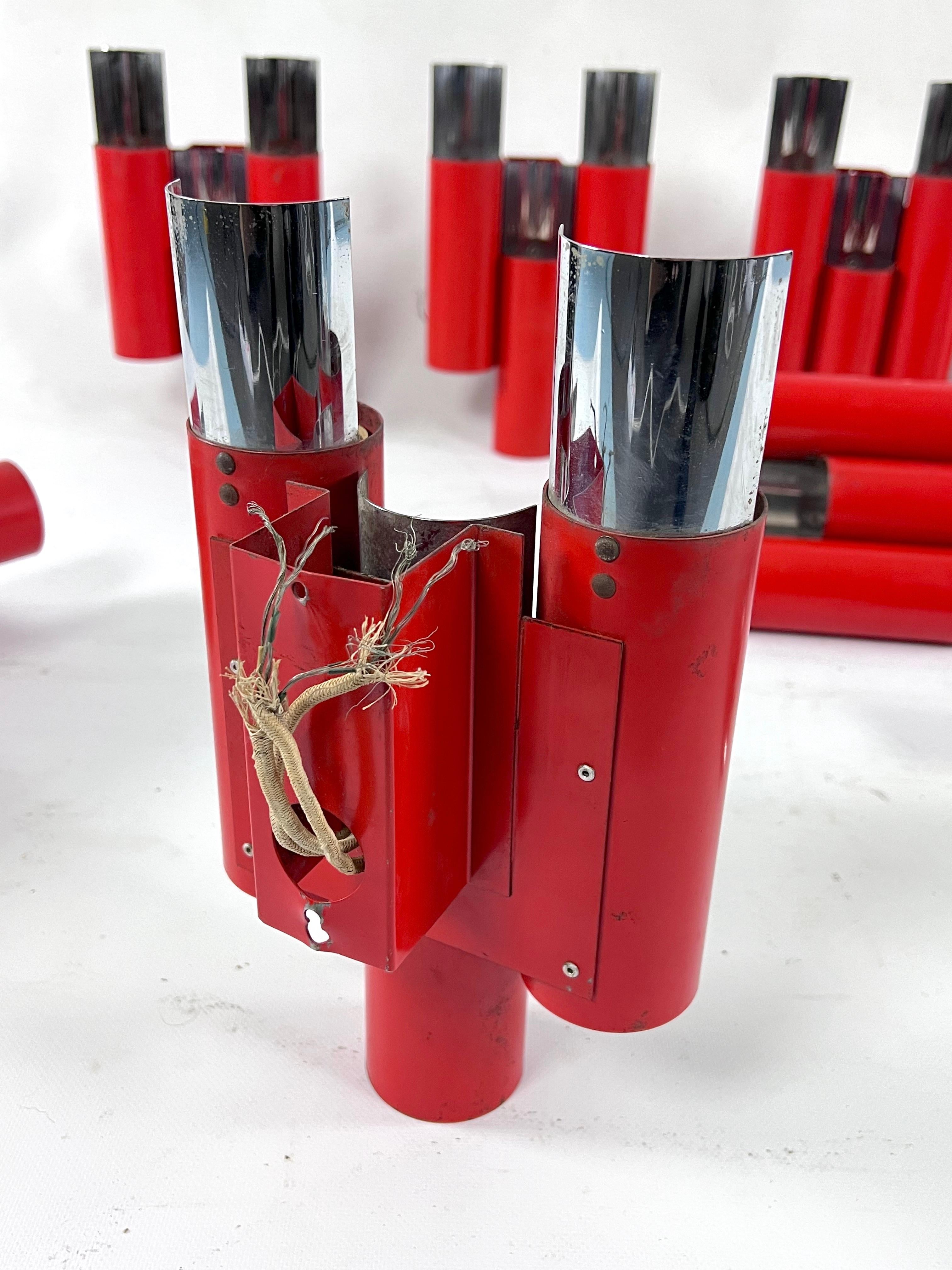 Rare Set of 10 Midcentury Red and Chrome Wall Lamps by Stilnovo, Italy, 1970s For Sale 8