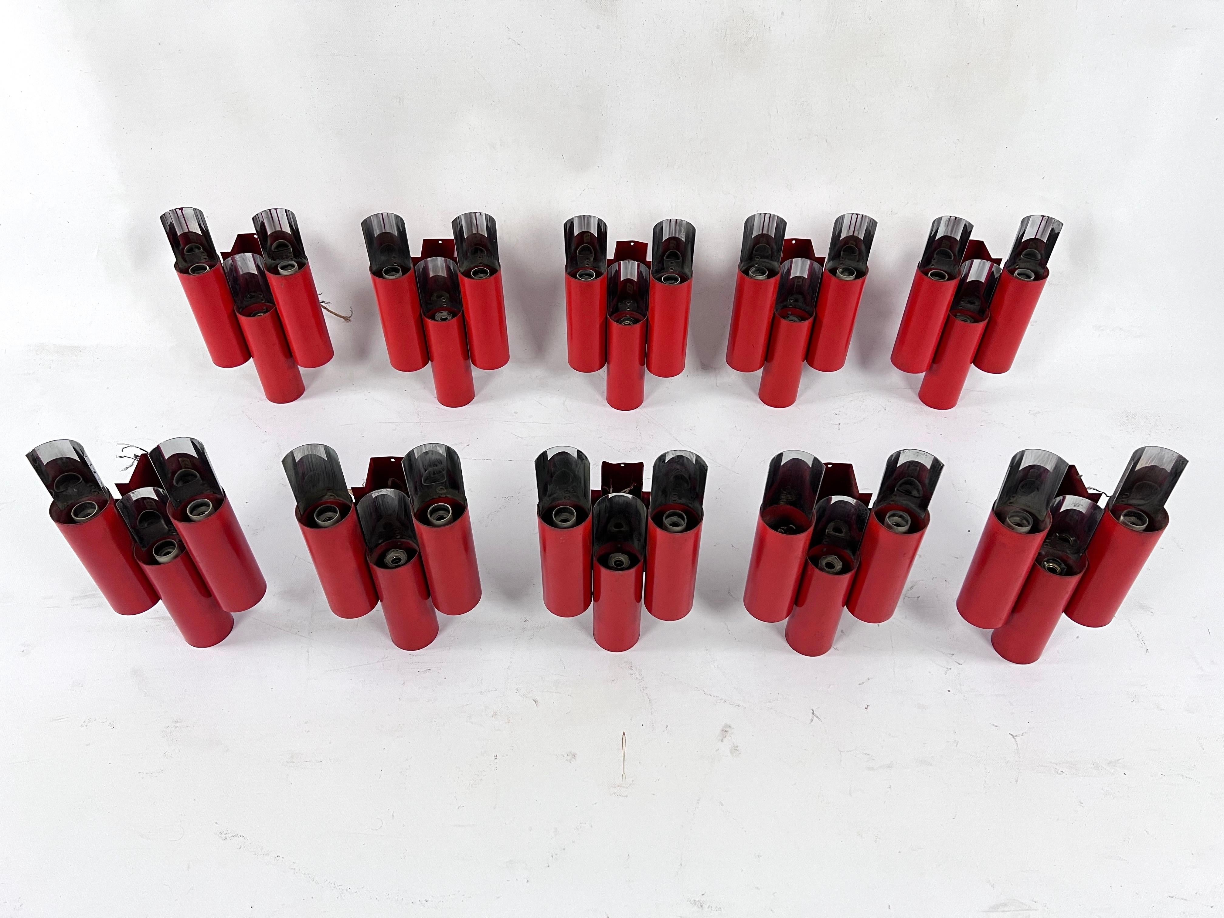 Rare Set of 10 Midcentury Red and Chrome Wall Lamps by Stilnovo, Italy, 1970s In Fair Condition For Sale In Catania, CT