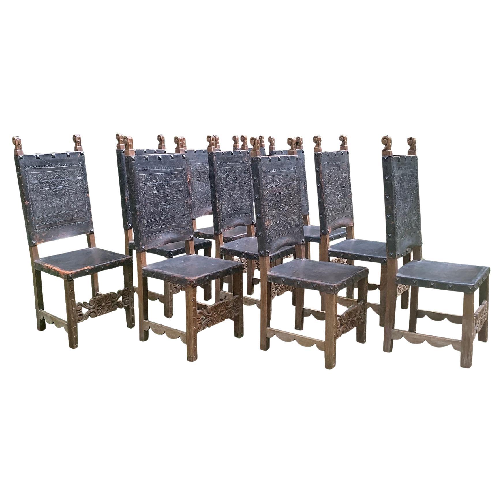 Rare Set of 10 spanish Colonial Revival Dining Chairs - Peru Circa 1930 For Sale