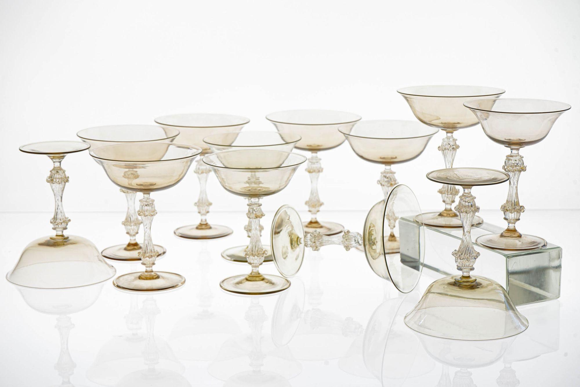 Rare Set of 12 Classic Cenedese Fume and Gold Champagne Glass . Unique For Sale 6