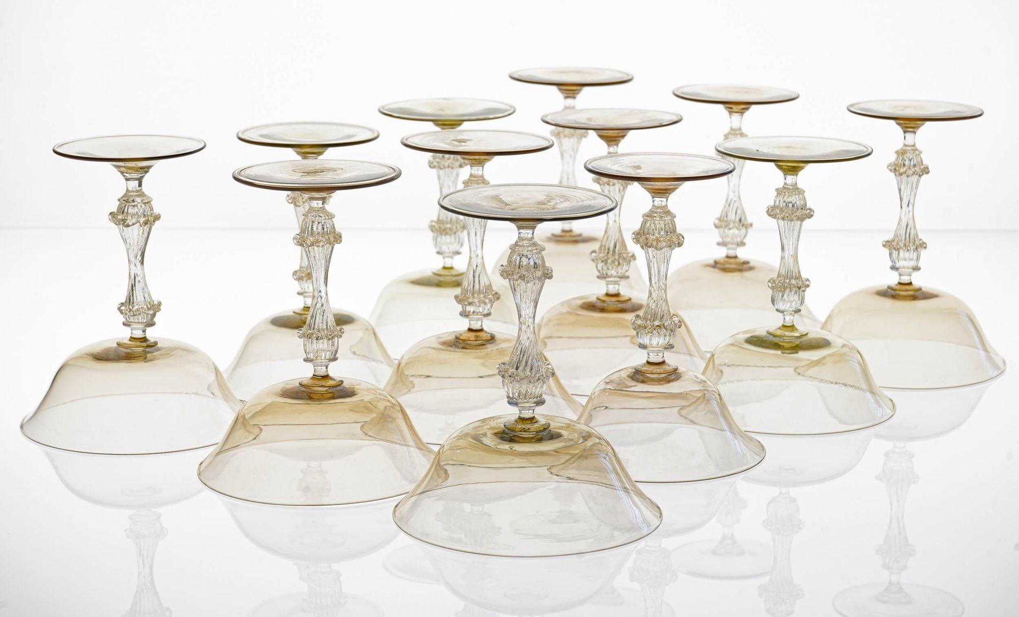 Rare Set of 12 Classic Cenedese Fume and Gold Champagne Glass . Unique For Sale 9