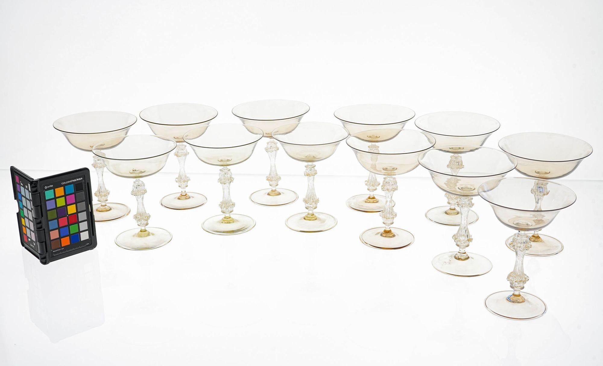 Rare Set of 12 Classic Cenedese Fume and Gold Champagne Glass . Unique For Sale 14