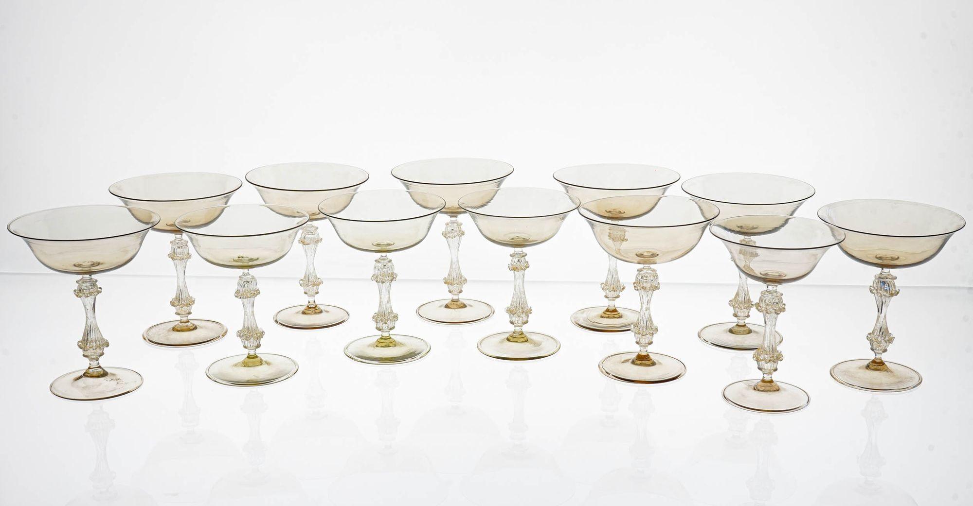 Mid-Century Modern Rare Set of 12 Classic Cenedese Fume and Gold Champagne Glass . Unique For Sale