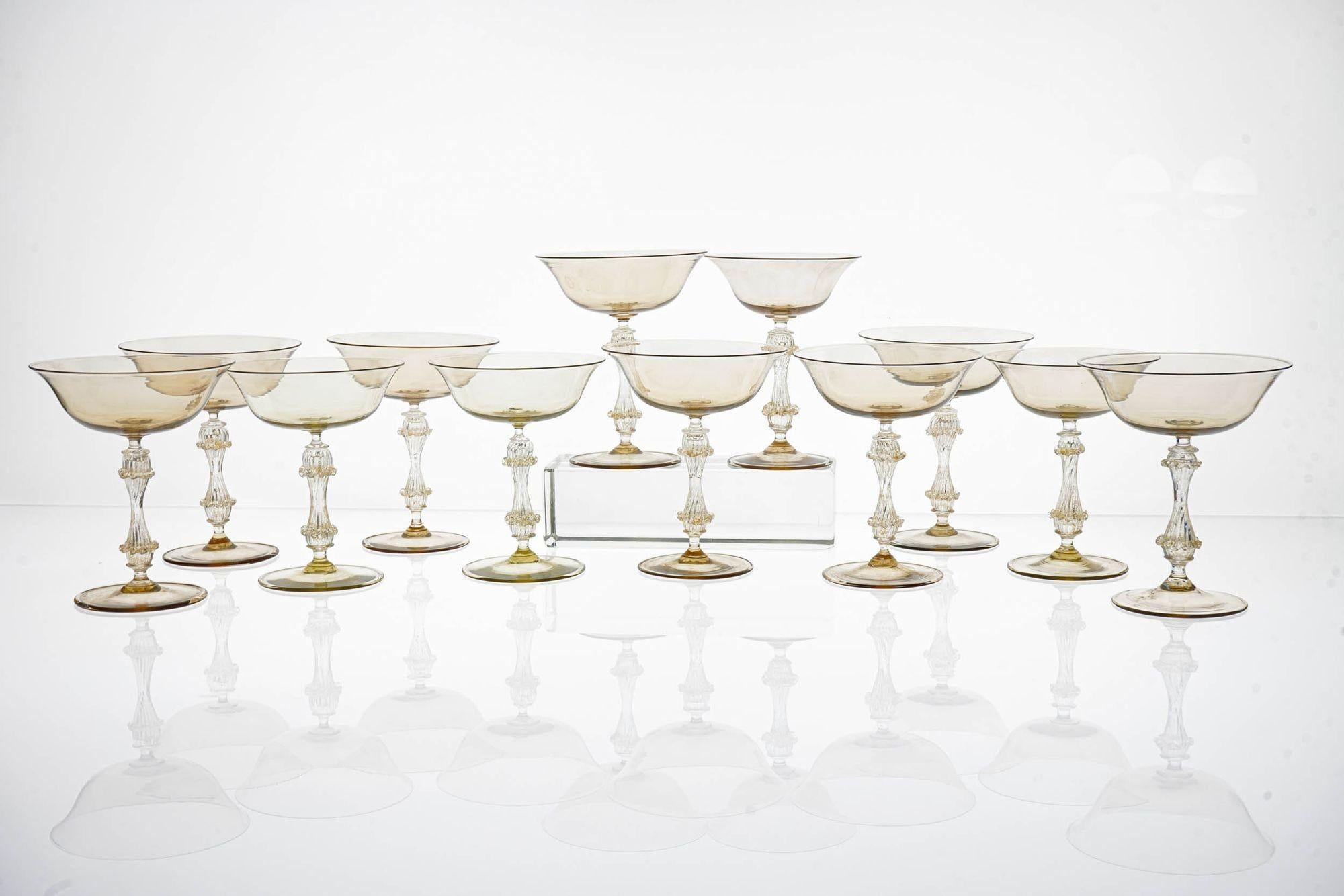 Italian Rare Set of 12 Classic Cenedese Fume and Gold Champagne Glass . Unique For Sale