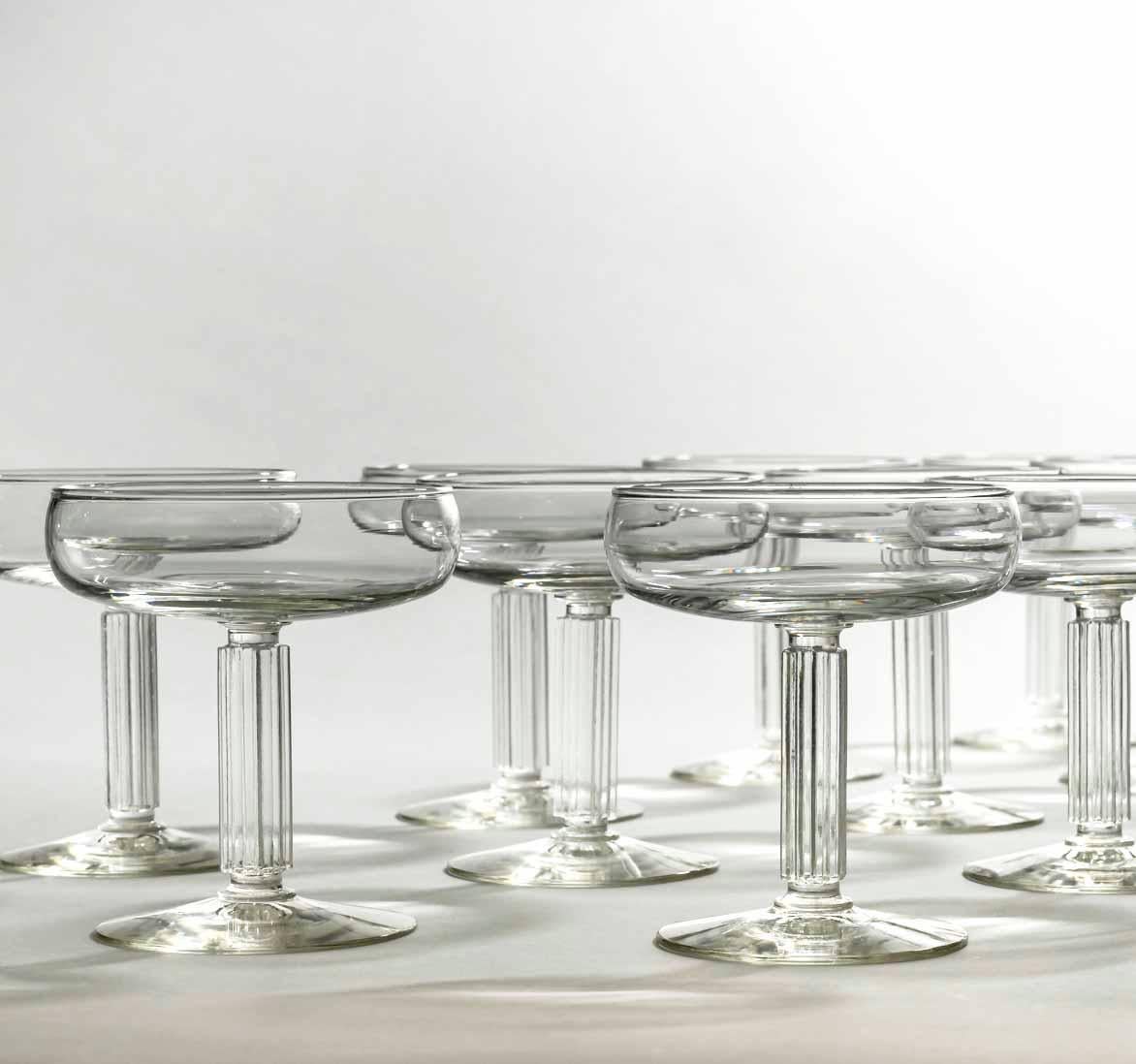 Art Deco Rare Set of 12 Coupes or Martini Glasses, Embassy Pattern, Teague for Libbey For Sale