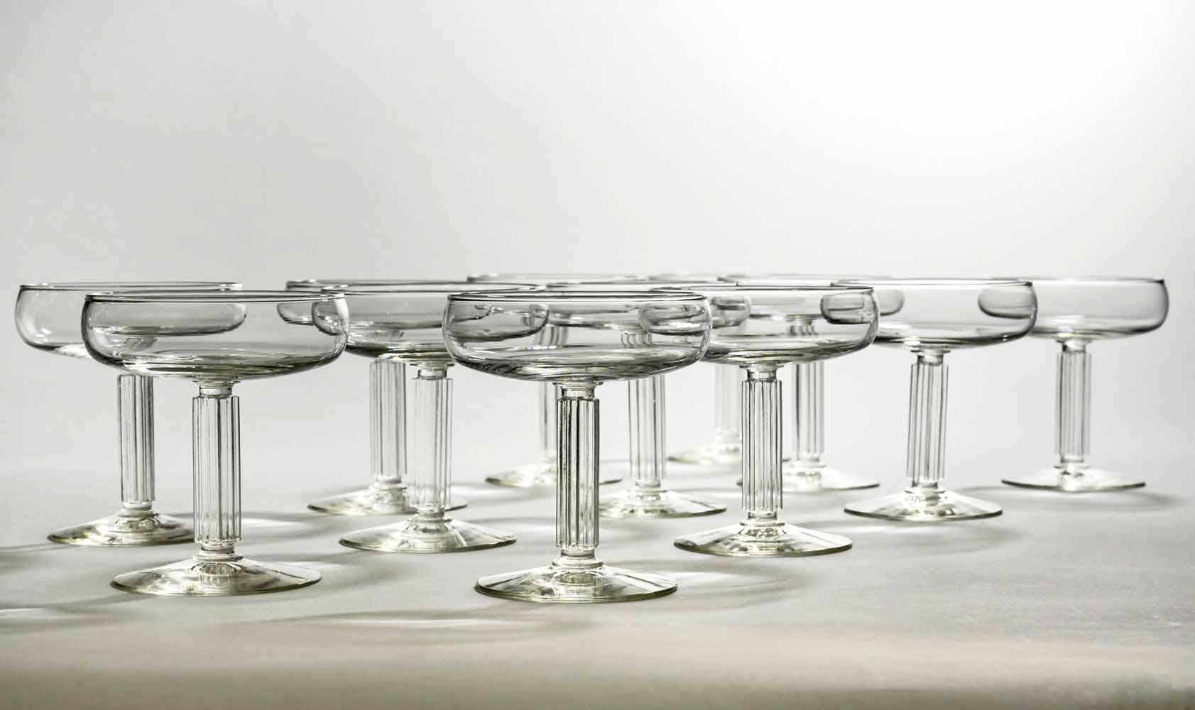 American Rare Set of 12 Coupes or Martini Glasses, Embassy Pattern, Teague for Libbey For Sale