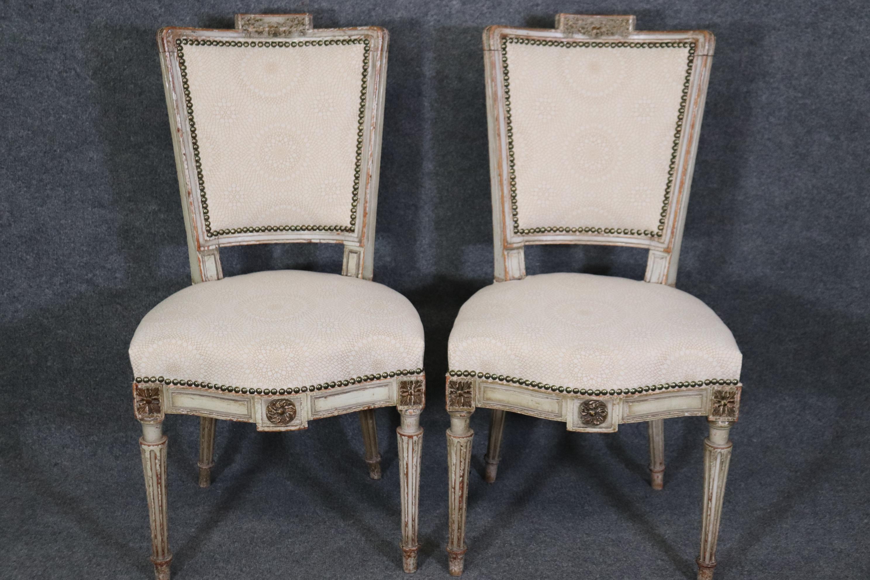 Louis XVI Rare Set of 12 Distressed Paint Decorated Maison Jansen Dining Chairs Circa 1920 For Sale