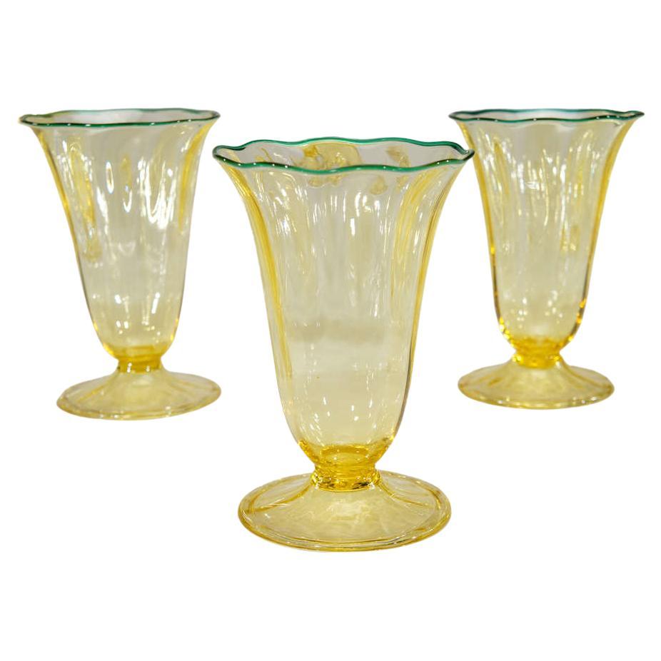 Rare Set of 12 Durand Hand Blown Optic Rib Tumblers with Applied Green Rims For Sale