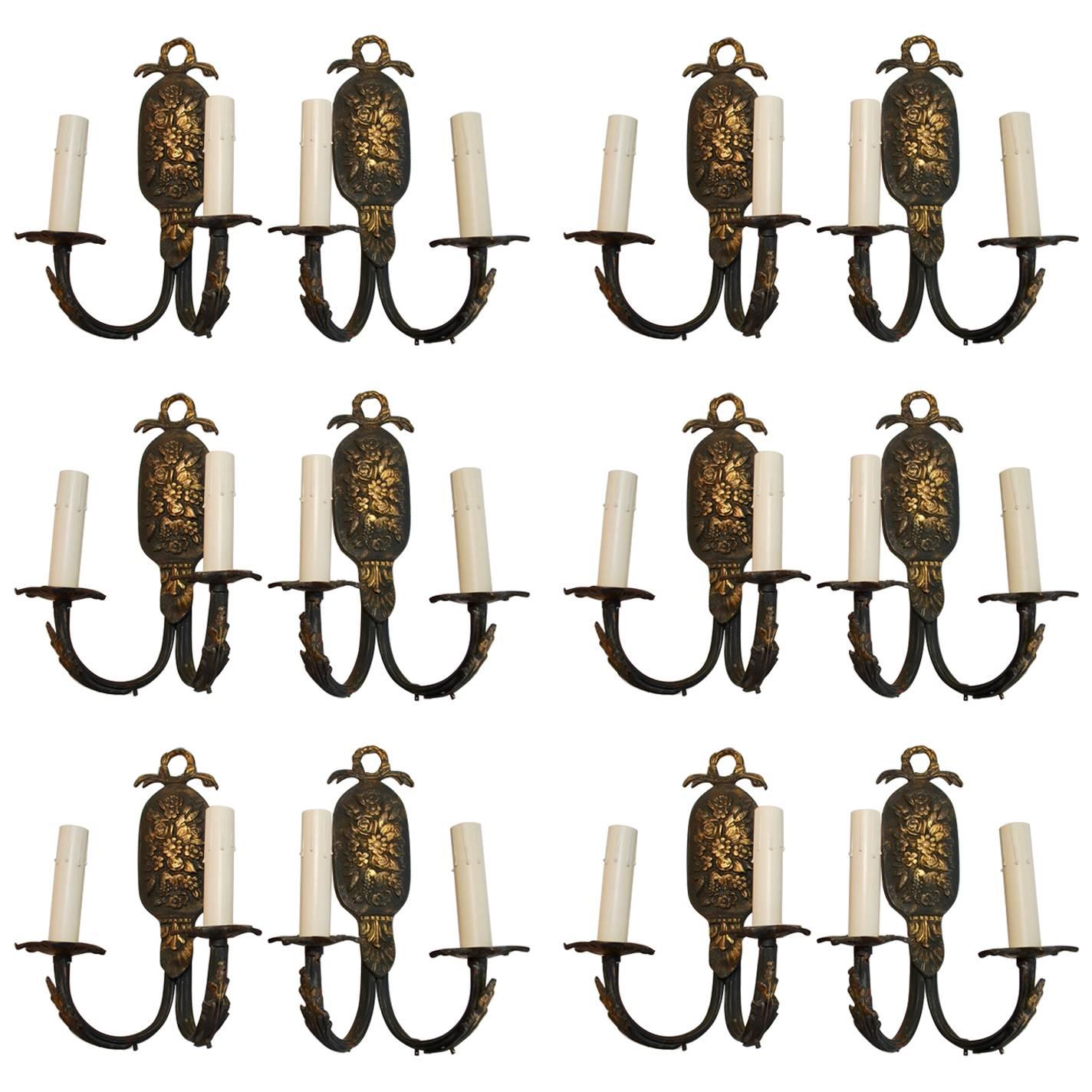 Rare Set of 12 French 1940s Brass Sconces